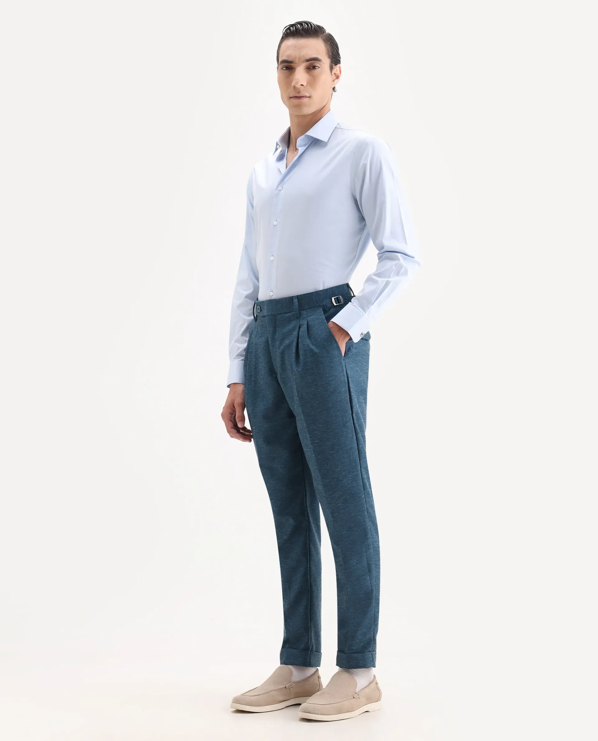 Rare Rabbit Men's Rhesa Dark Teal Linen Blend Plain Relaxed Fit Trouser - Image 7