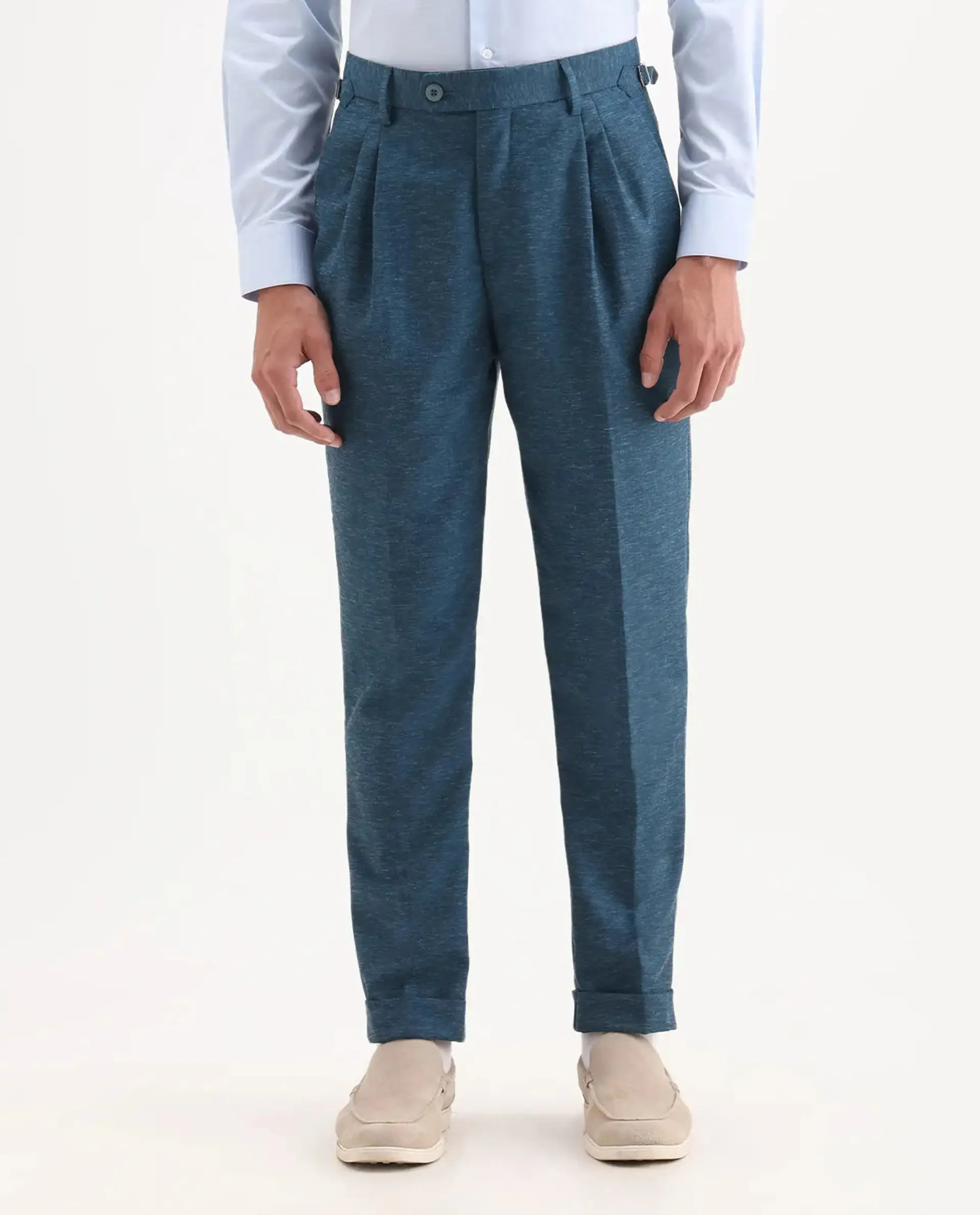 Rare Rabbit Men's Rhesa Dark Teal Linen Blend Plain Relaxed Fit Trouser - Image 9