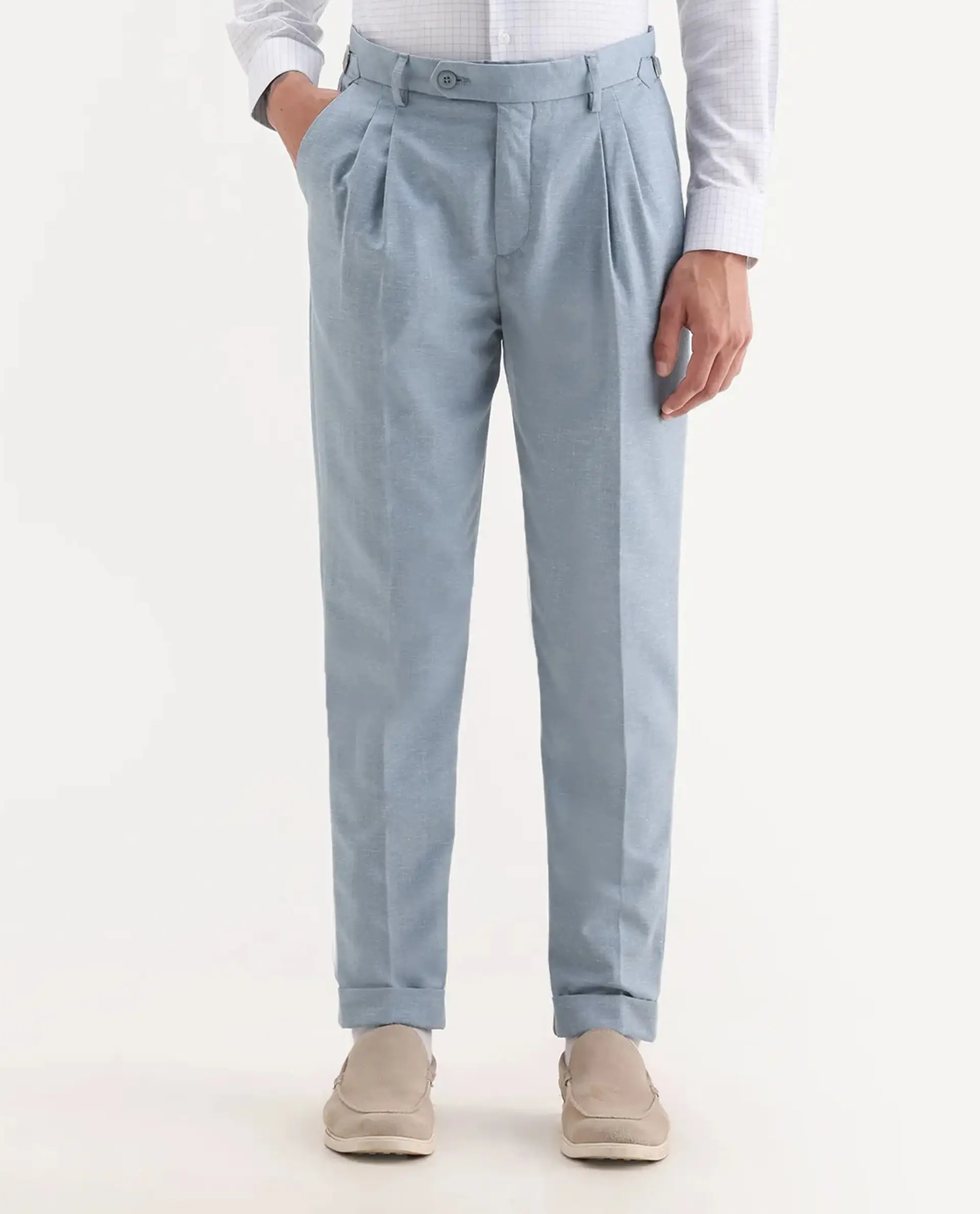 Rare Rabbit Men's Rhesa Light Blue Linen Blend Plain Relaxed Fit Trouser - Image 8