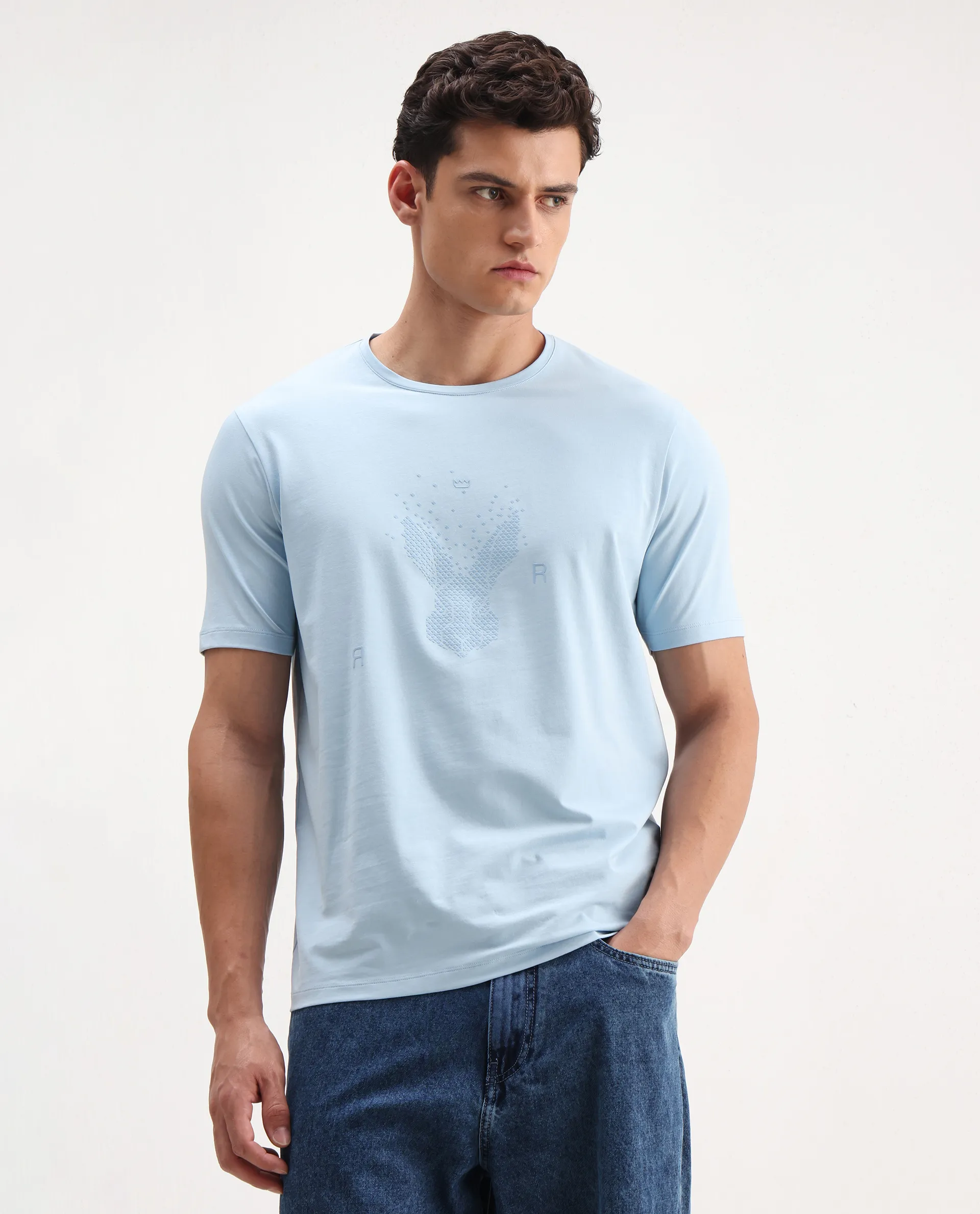 Rare Rabbit Men's Rhod Light Blue Cotton Blend Graphic Print Regular Fit Half Sleeve Crew Neck T-Shirt - Image 3