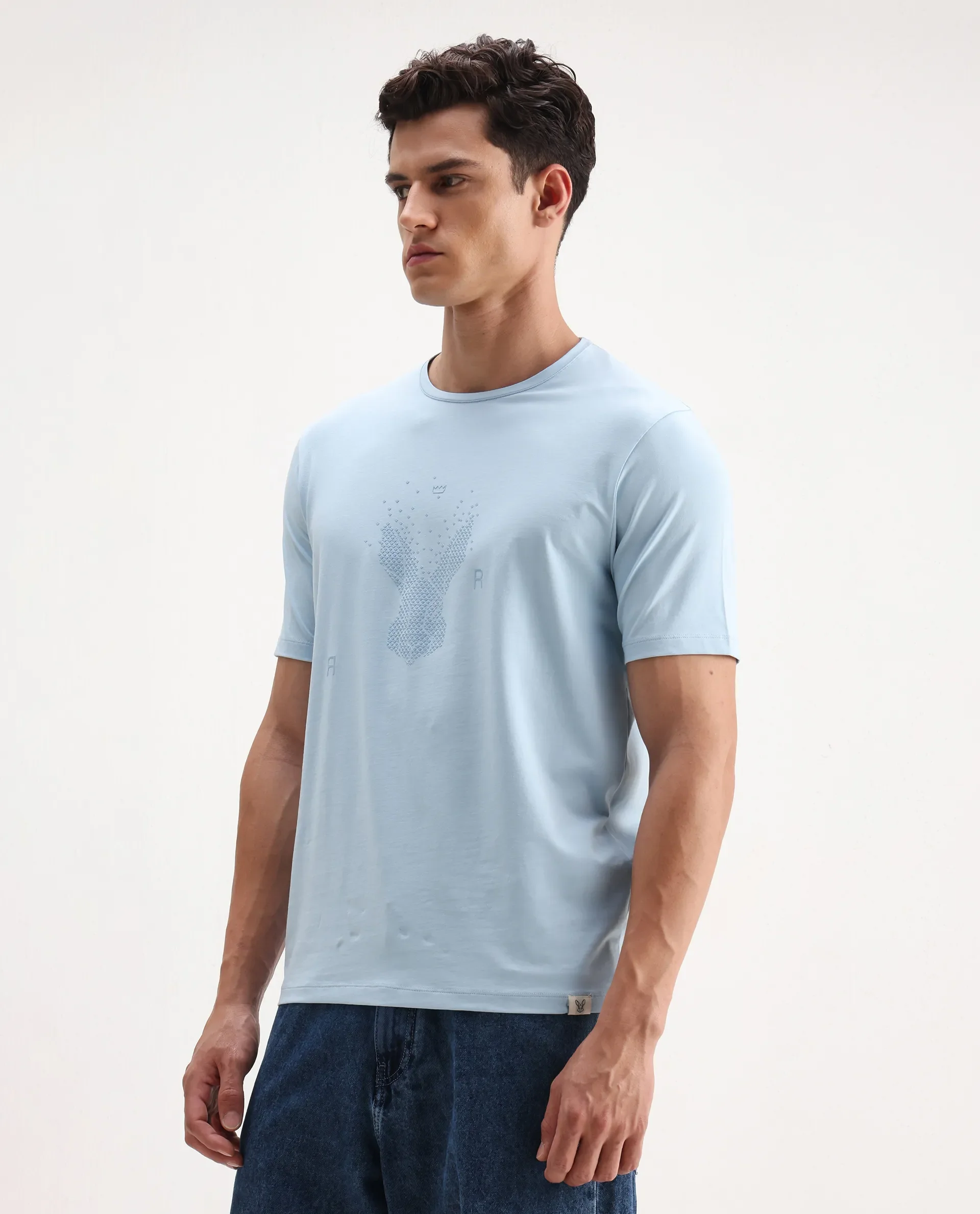 Rare Rabbit Men's Rhod Light Blue Cotton Blend Graphic Print Regular Fit Half Sleeve Crew Neck T-Shirt - Image 6