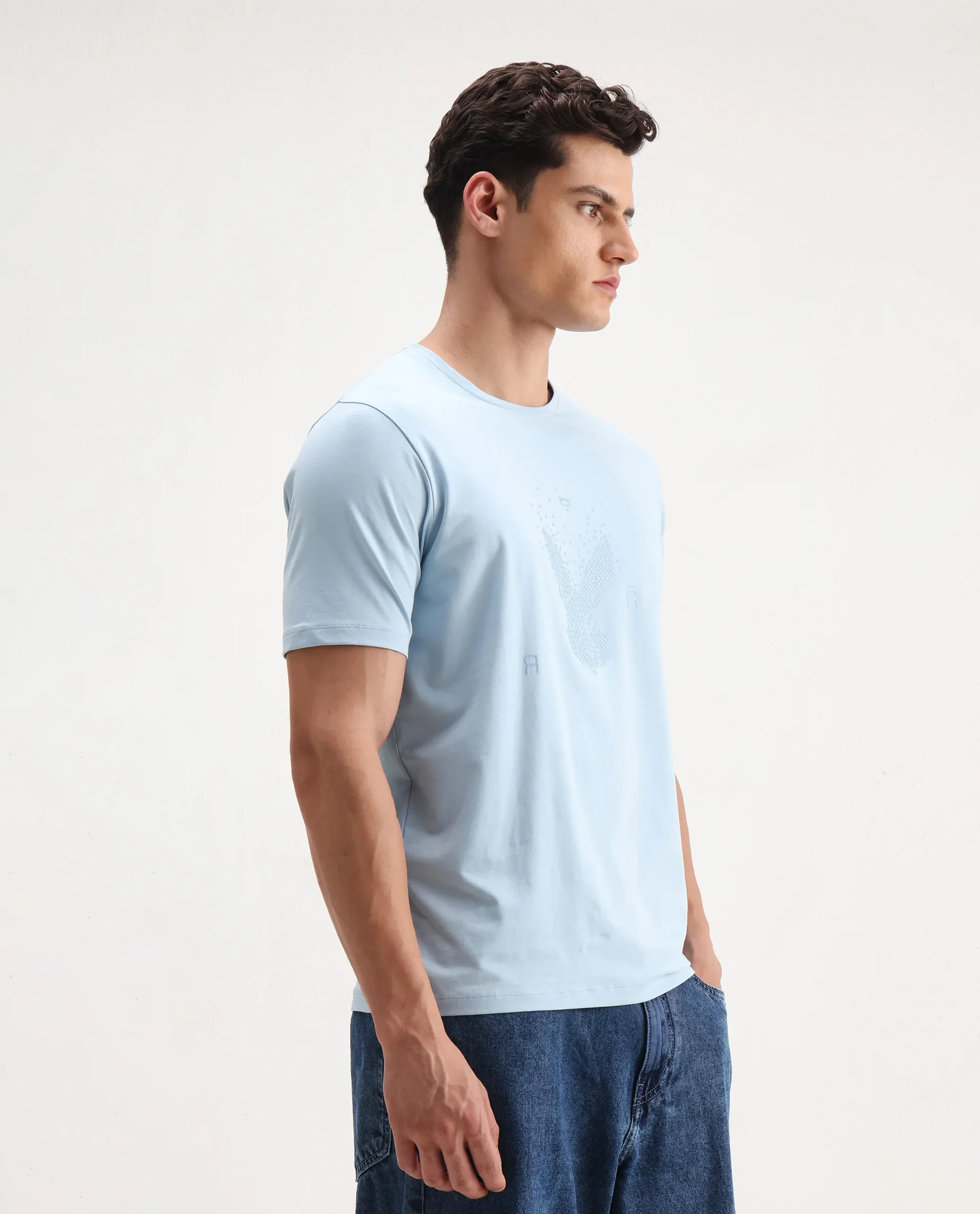 Rare Rabbit Men's Rhod Light Blue Cotton Blend Graphic Print Regular Fit Half Sleeve Crew Neck T-Shirt - Image 7