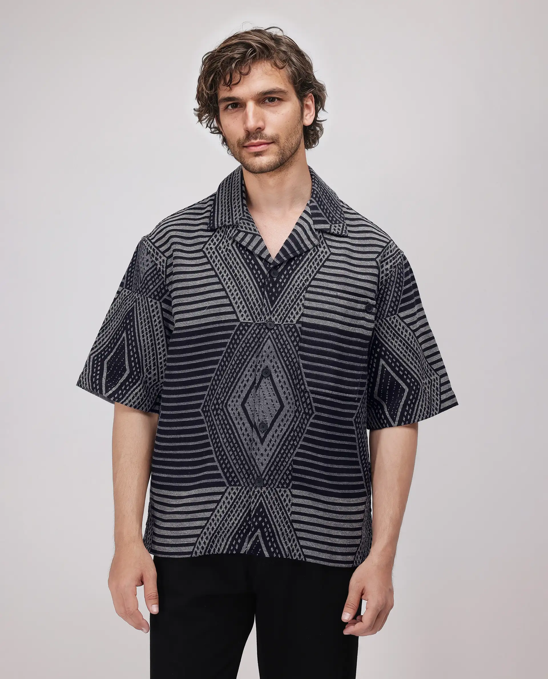 Rare Rabbit Men's Rhom Dark Navy Cotton Jacquard Oversized Fit Half Sleeve Cuban Collar Shirt - Image 2