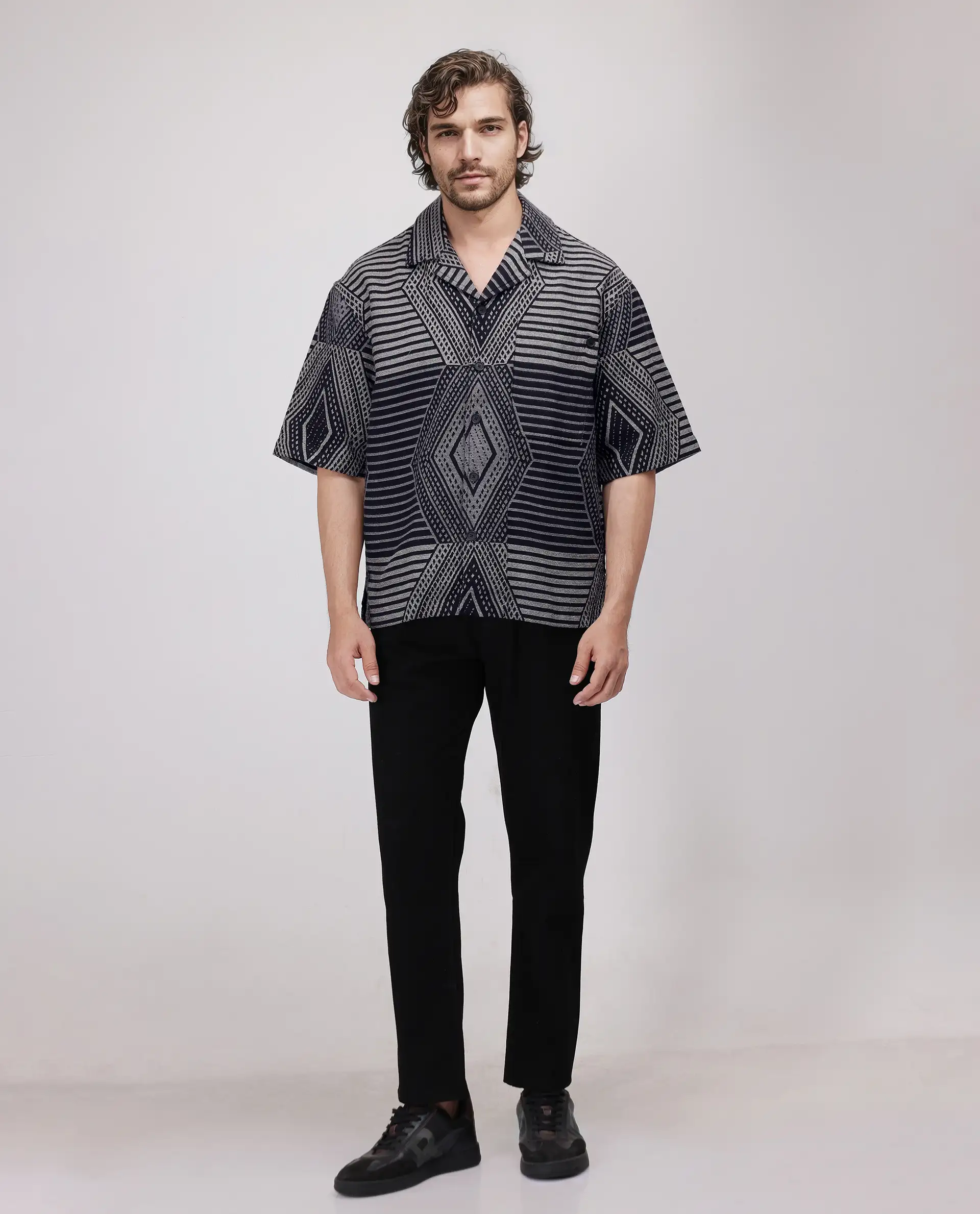 Rare Rabbit Men's Rhom Dark Navy Cotton Jacquard Oversized Fit Half Sleeve Cuban Collar Shirt - Image 3