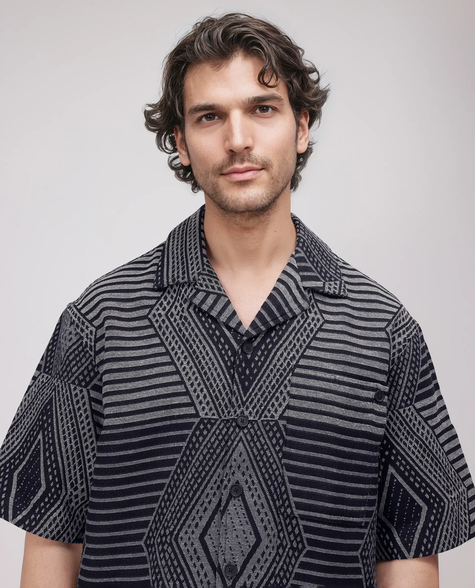 Rare Rabbit Men's Rhom Dark Navy Cotton Jacquard Oversized Fit Half Sleeve Cuban Collar Shirt - Image 4