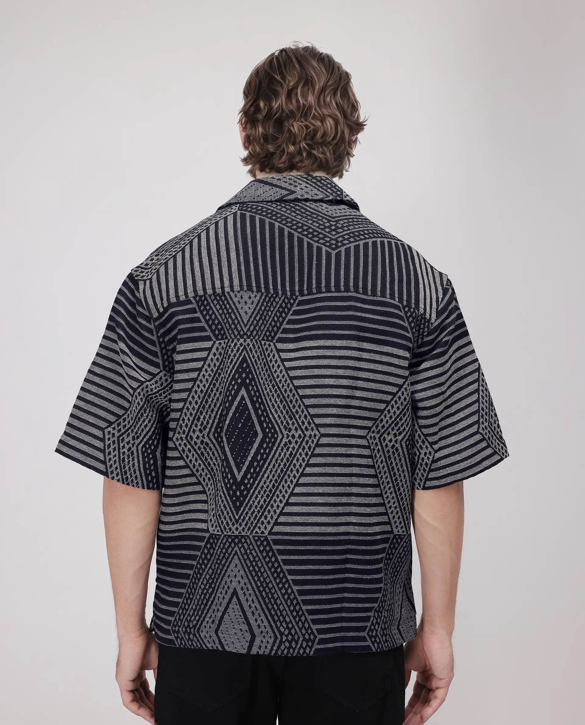 Rare Rabbit Men's Rhom Dark Navy Cotton Jacquard Oversized Fit Half Sleeve Cuban Collar Shirt - Image 5
