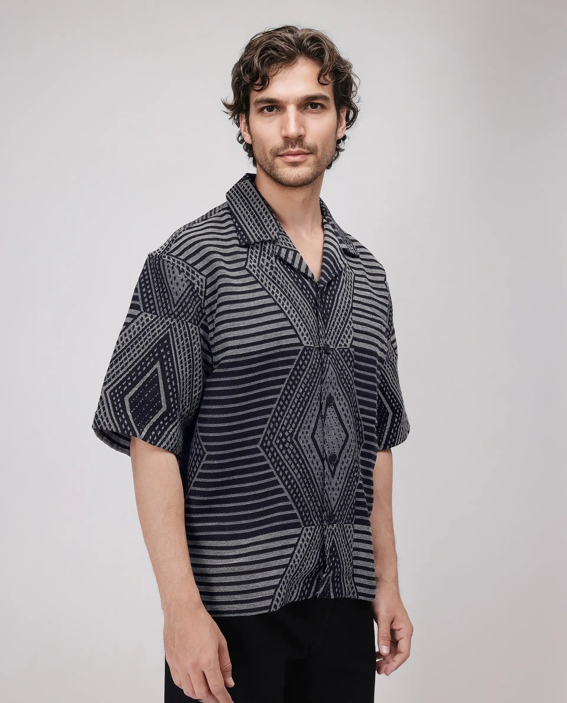 Rare Rabbit Men's Rhom Dark Navy Cotton Jacquard Oversized Fit Half Sleeve Cuban Collar Shirt - Image 6