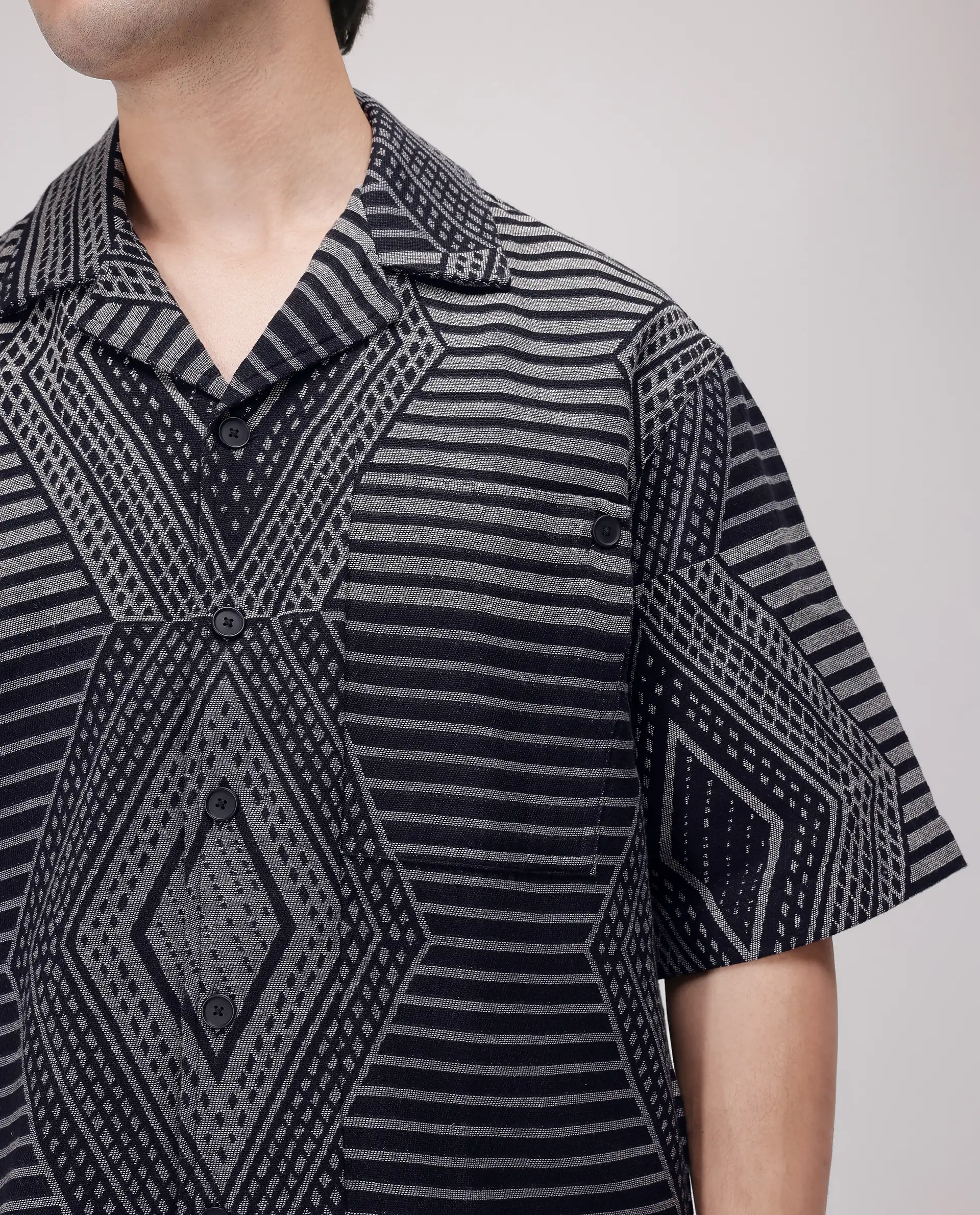 Rare Rabbit Men's Rhom Dark Navy Cotton Jacquard Oversized Fit Half Sleeve Cuban Collar Shirt - Image 7