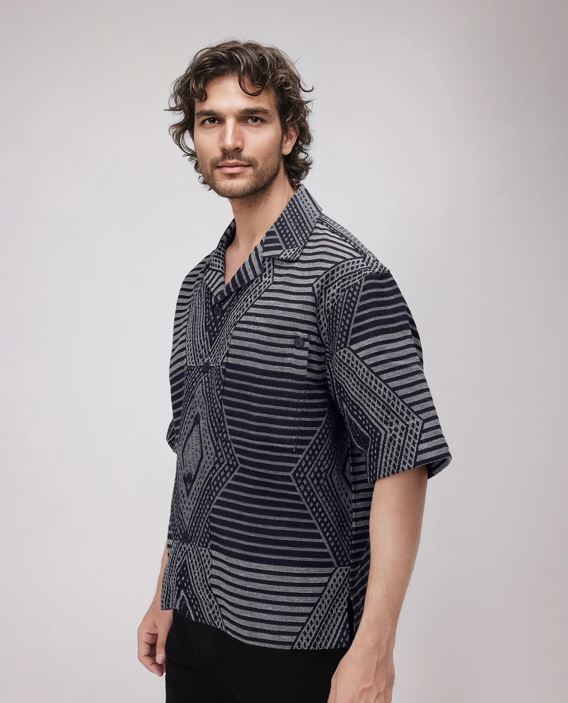 Rare Rabbit Men's Rhom Dark Navy Cotton Jacquard Oversized Fit Half Sleeve Cuban Collar Shirt - Image 8