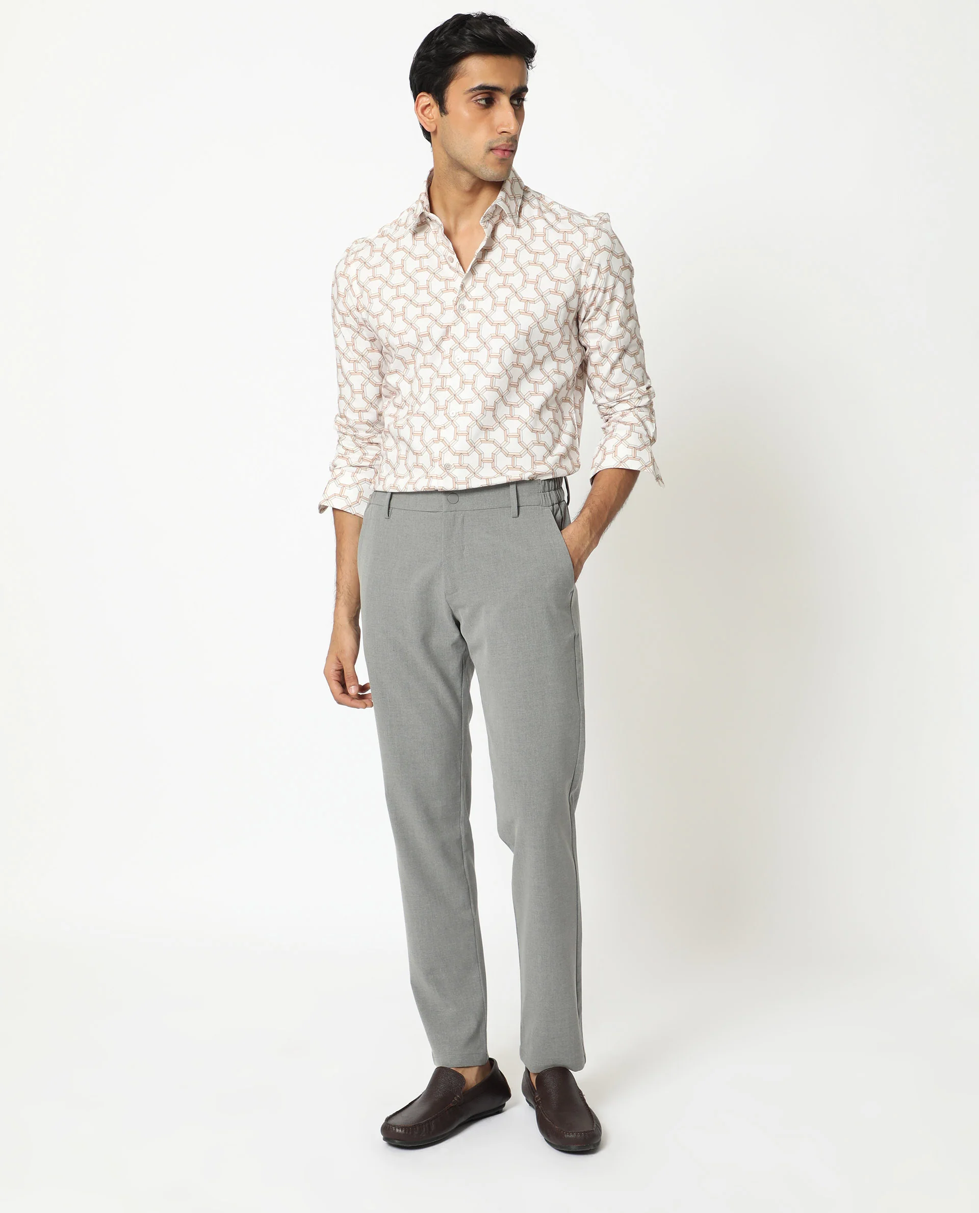 Rare Rabbit Men's Rhone Beige Cotton Geometric Print Regular Fit Full Sleeve Collared Shirt - Image 2