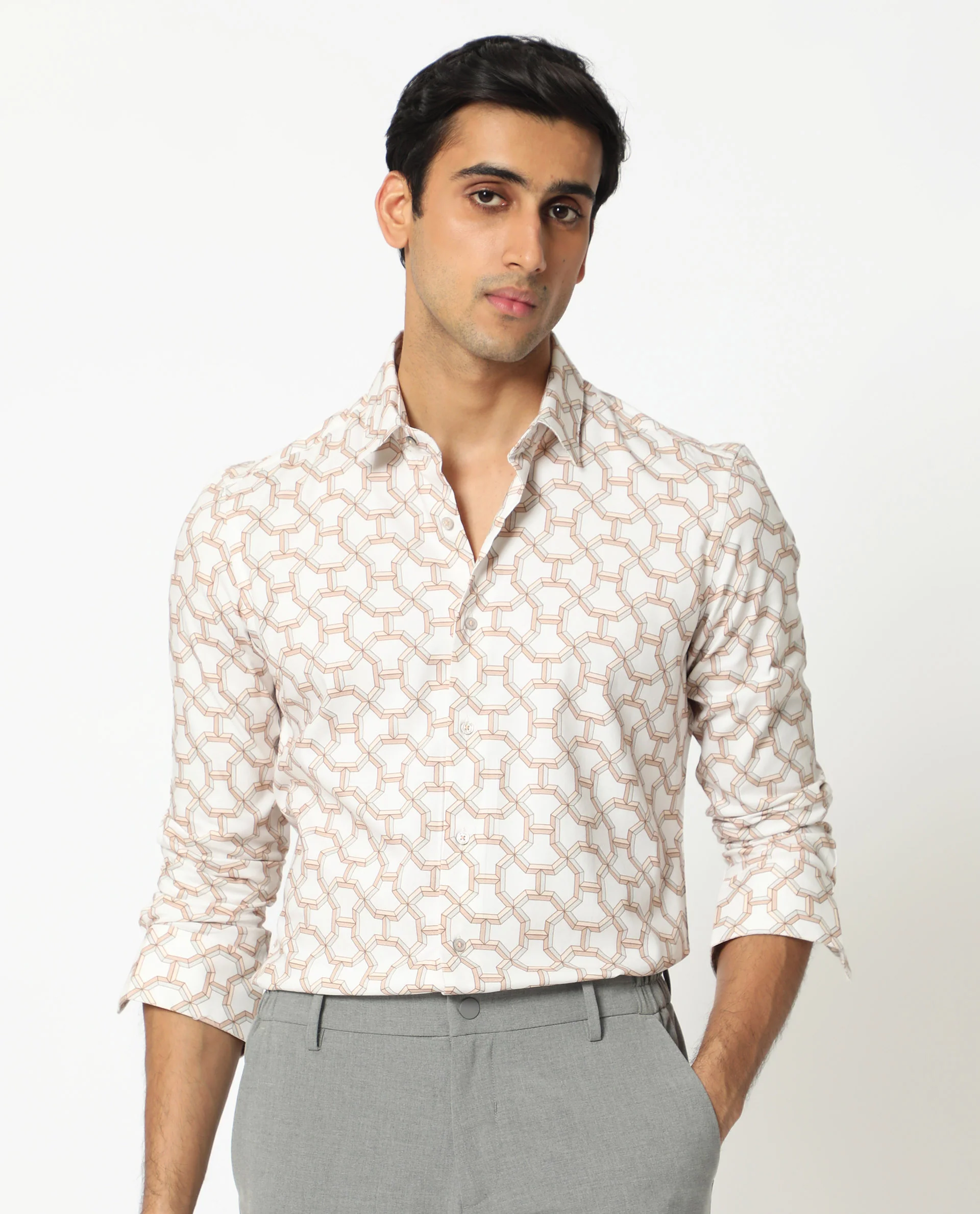 Rare Rabbit Men's Rhone Beige Cotton Geometric Print Regular Fit Full Sleeve Collared Shirt - Image 3