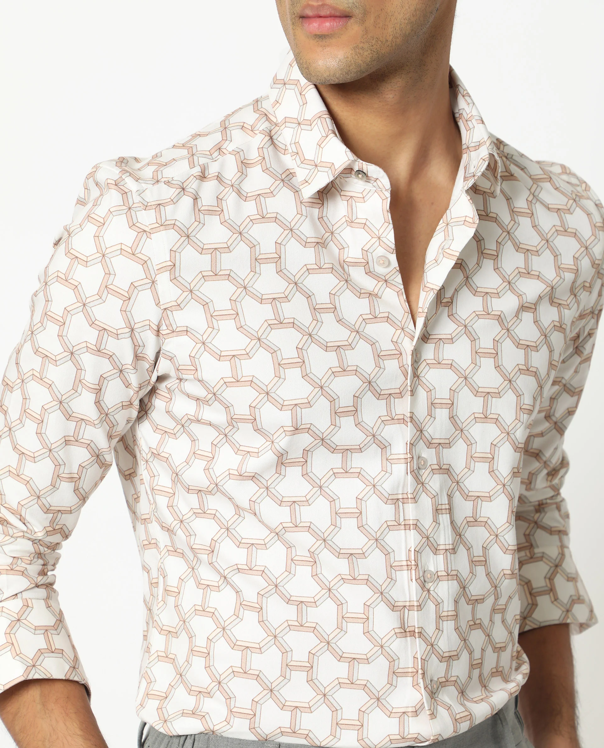Rare Rabbit Men's Rhone Beige Cotton Geometric Print Regular Fit Full Sleeve Collared Shirt - Image 4