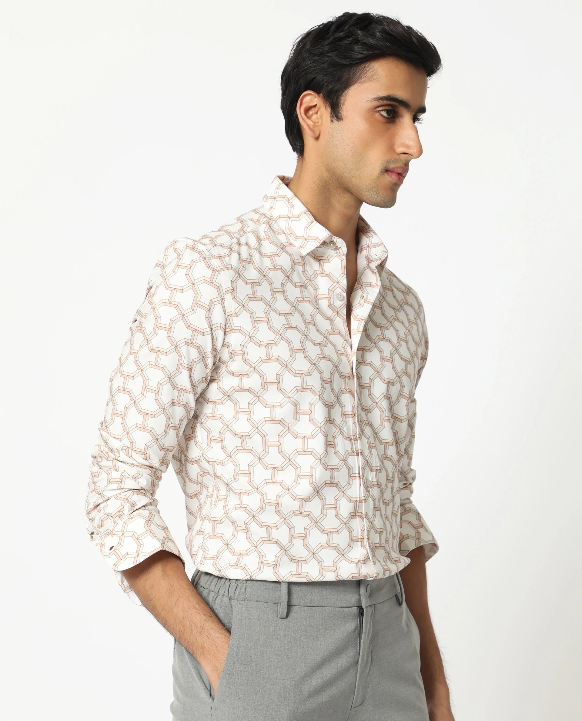 Rare Rabbit Men's Rhone Beige Cotton Geometric Print Regular Fit Full Sleeve Collared Shirt - Image 6
