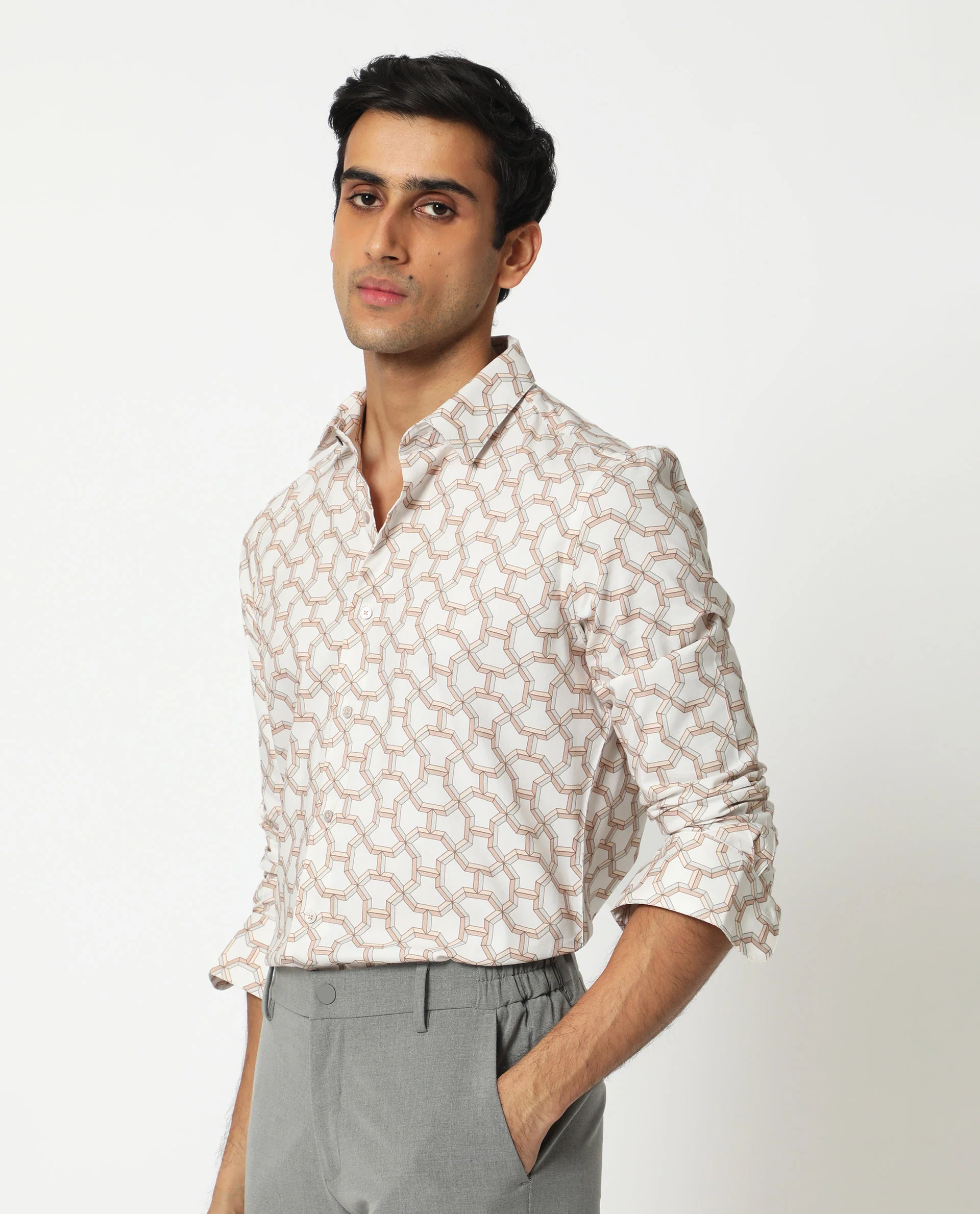 Rare Rabbit Men's Rhone Beige Cotton Geometric Print Regular Fit Full Sleeve Collared Shirt - Image 7