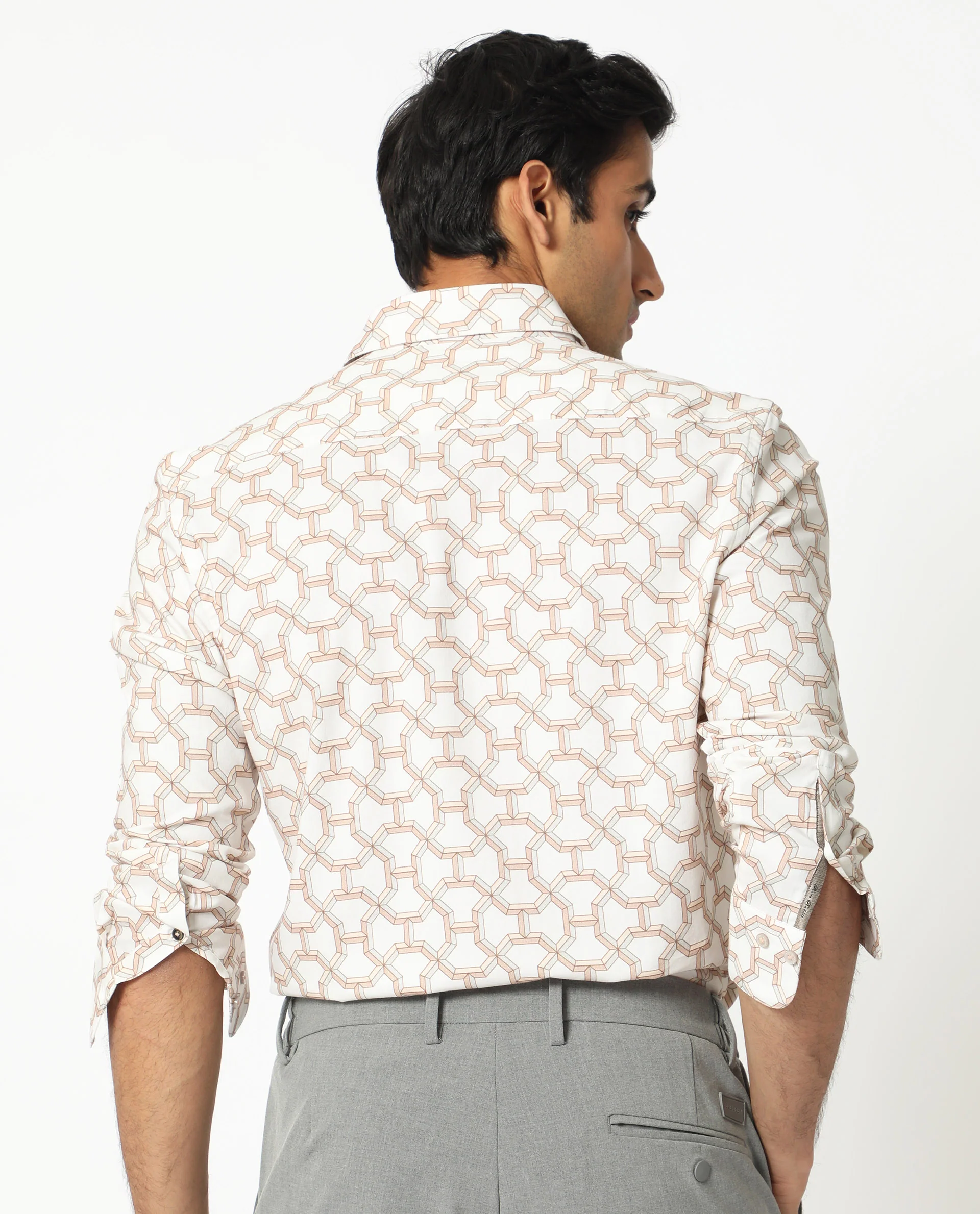 Rare Rabbit Men's Rhone Beige Cotton Geometric Print Regular Fit Full Sleeve Collared Shirt - Image 8