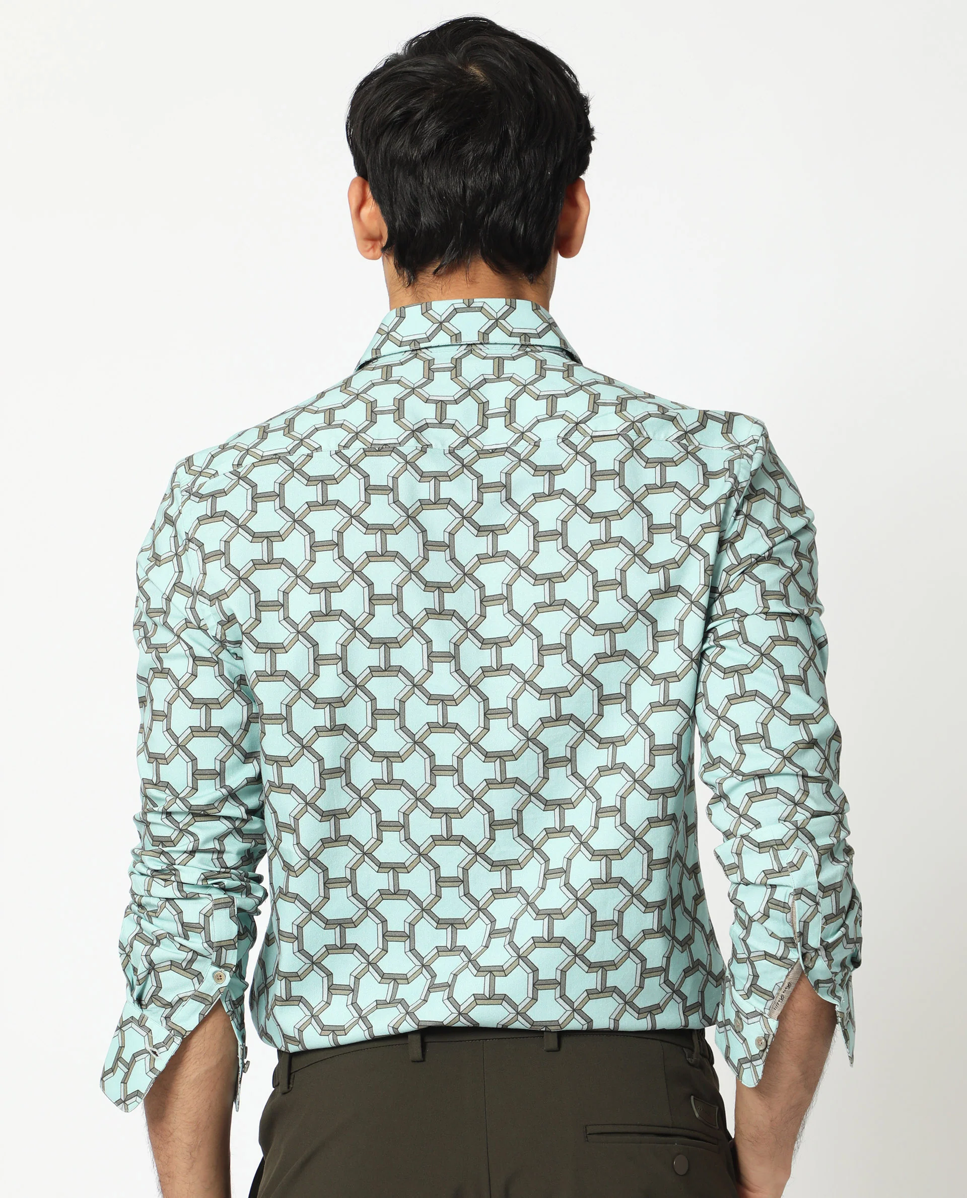 Rare Rabbit Men's Rhone Light Blue Cotton Geometric Print Regular Fit Full Sleeve Collared Shirt - Image 11