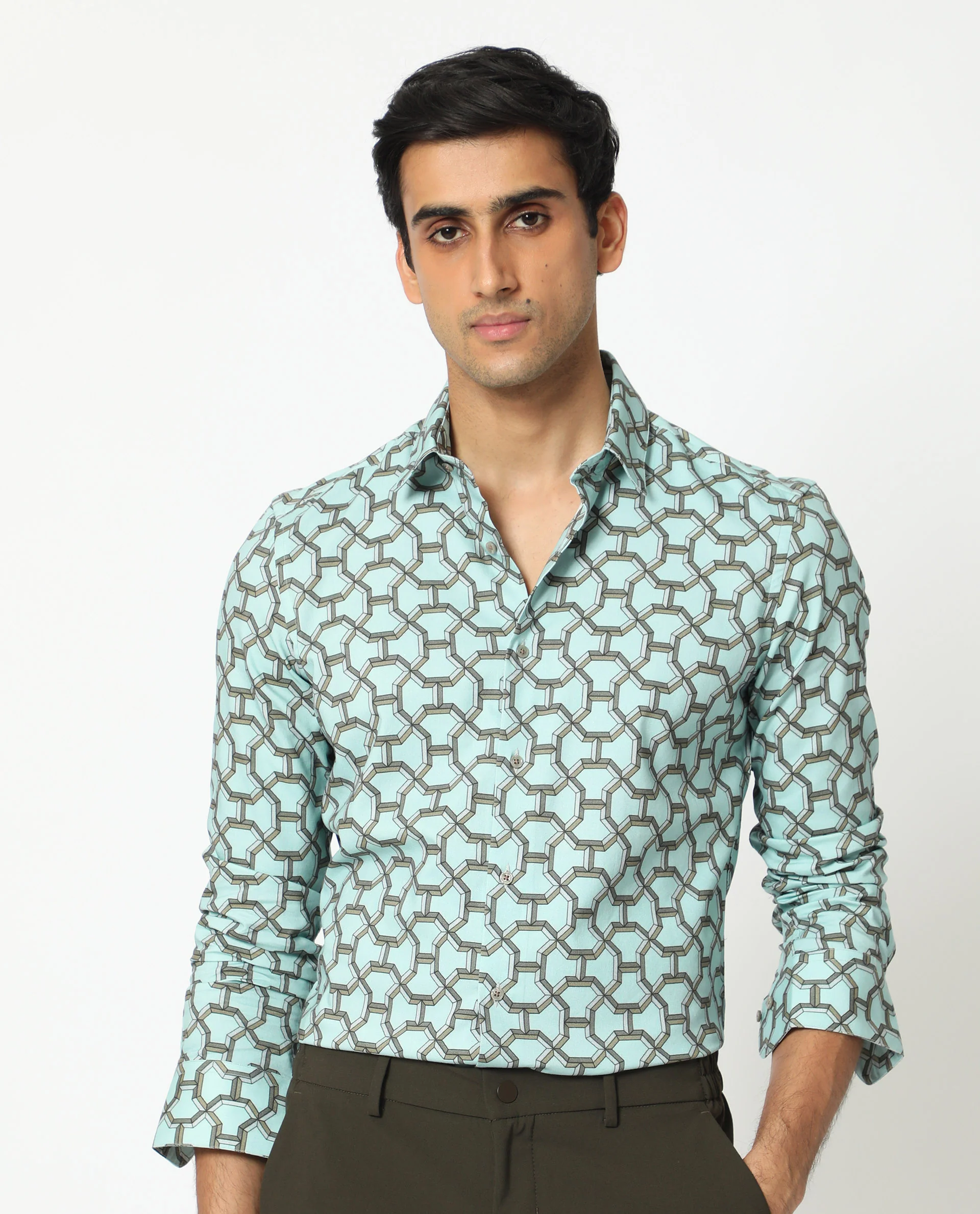 Rare Rabbit Men's Rhone Light Blue Cotton Geometric Print Regular Fit Full Sleeve Collared Shirt - Image 3