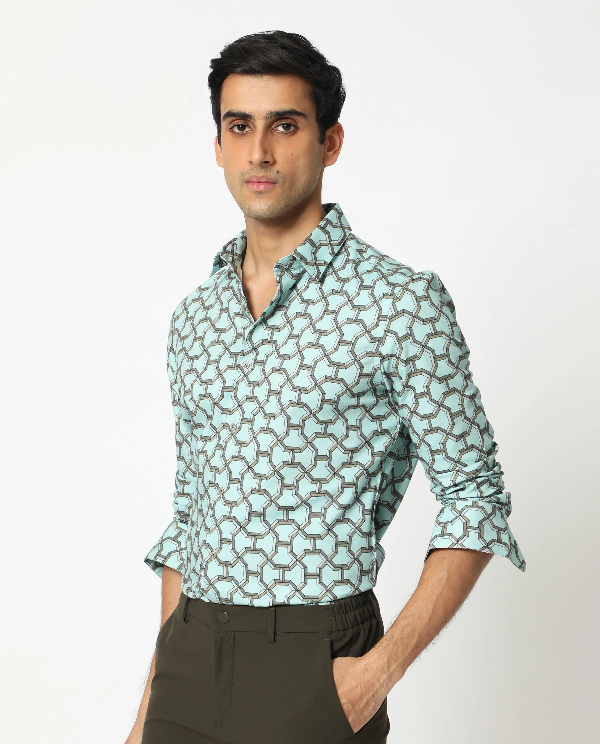 Rare Rabbit Men's Rhone Light Blue Cotton Geometric Print Regular Fit Full Sleeve Collared Shirt - Image 6