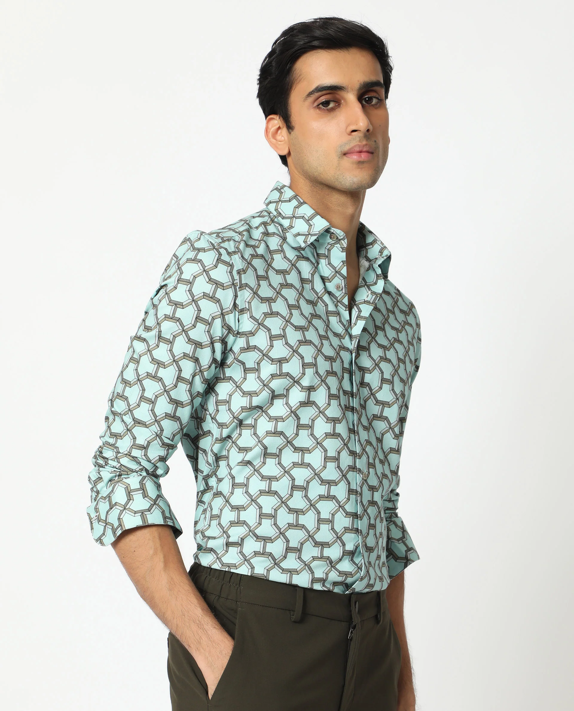 Rare Rabbit Men's Rhone Light Blue Cotton Geometric Print Regular Fit Full Sleeve Collared Shirt - Image 8