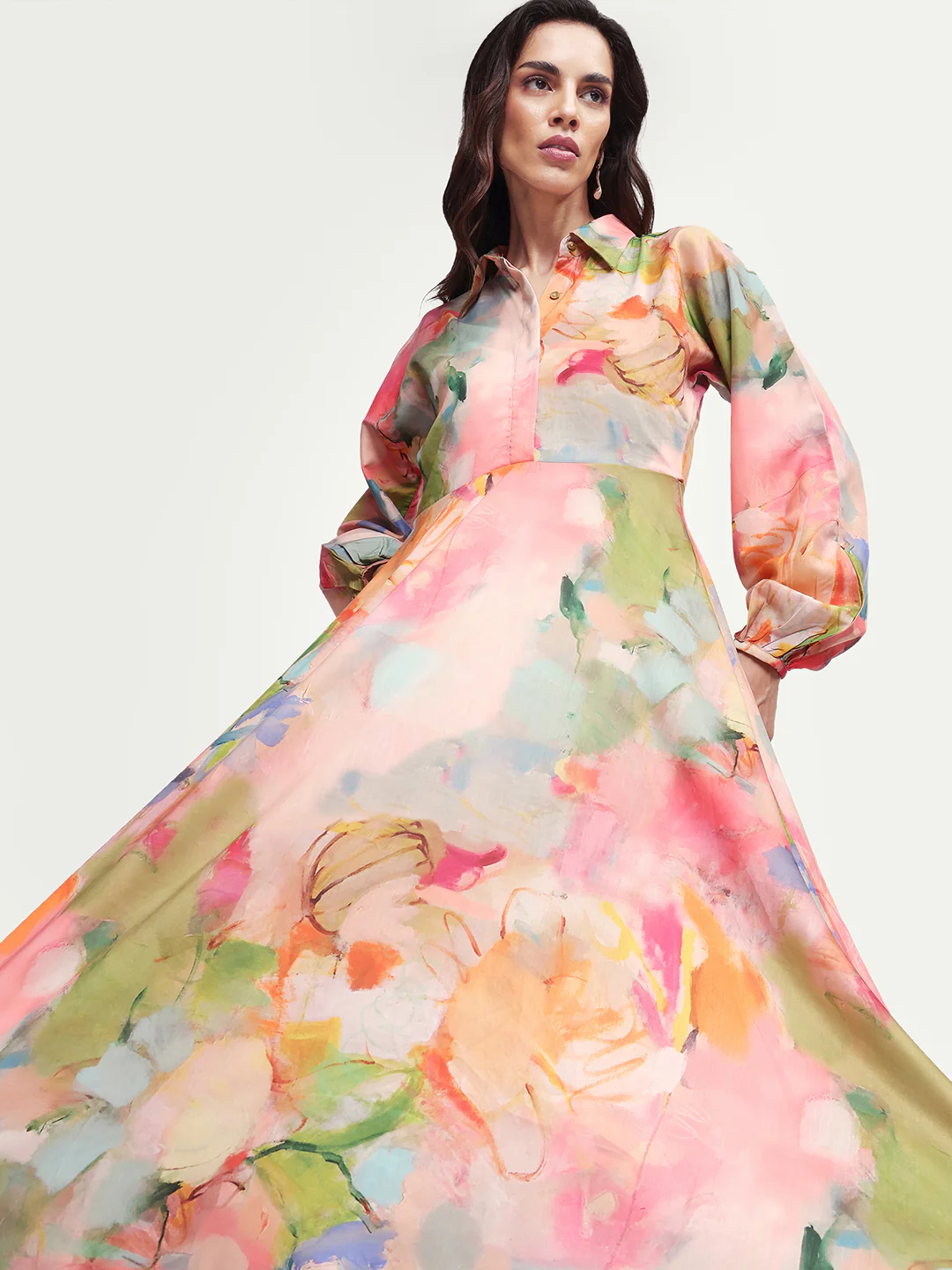 Rareism Women's Rhun Multi Polyester Blend Spread Collar Abstract Print Cuffed Sleeve Midi Fit And Flare Dress - Image 2