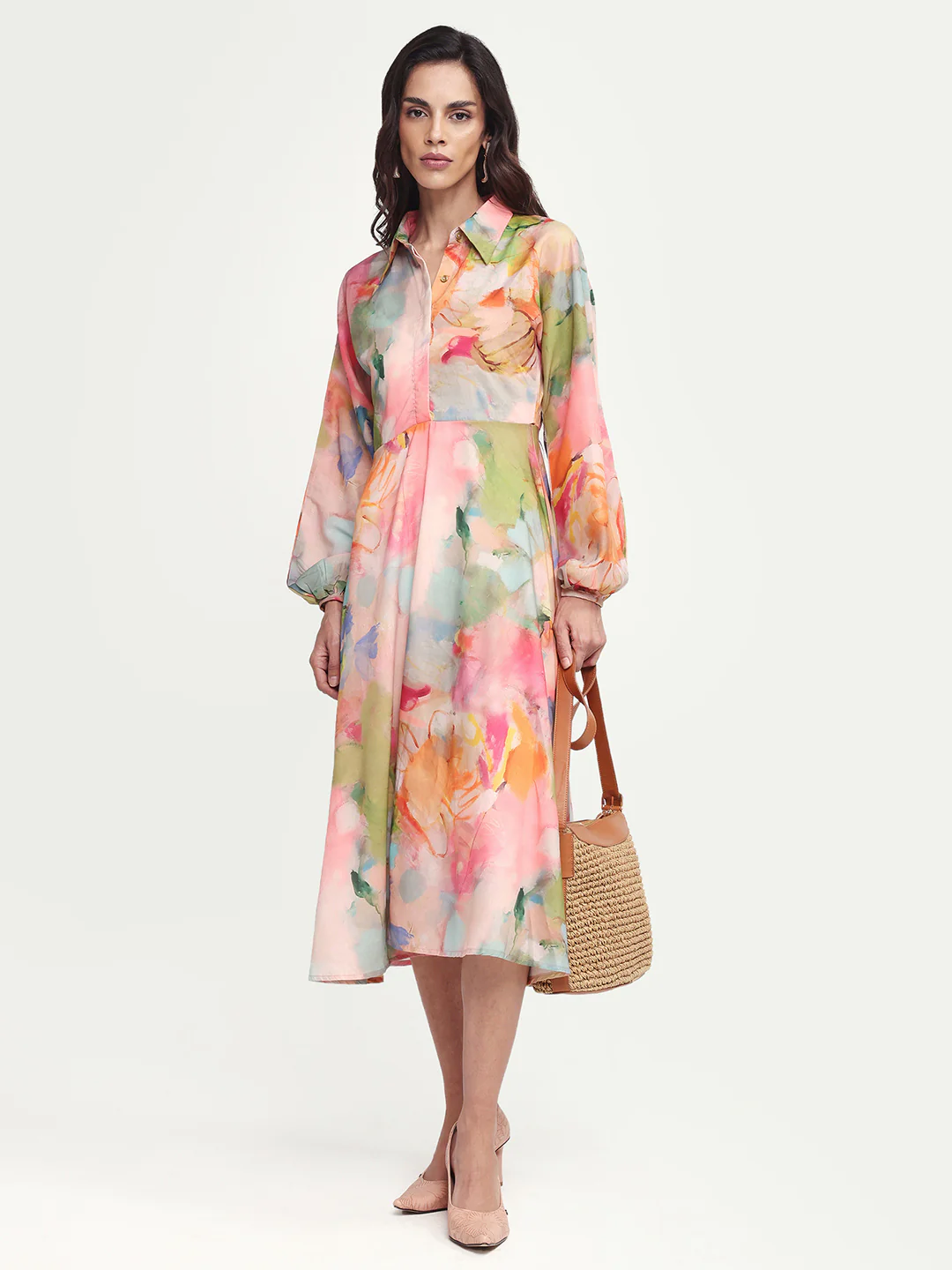 Rareism Women's Rhun Multi Polyester Blend Spread Collar Abstract Print Cuffed Sleeve Midi Fit And Flare Dress - Image 3