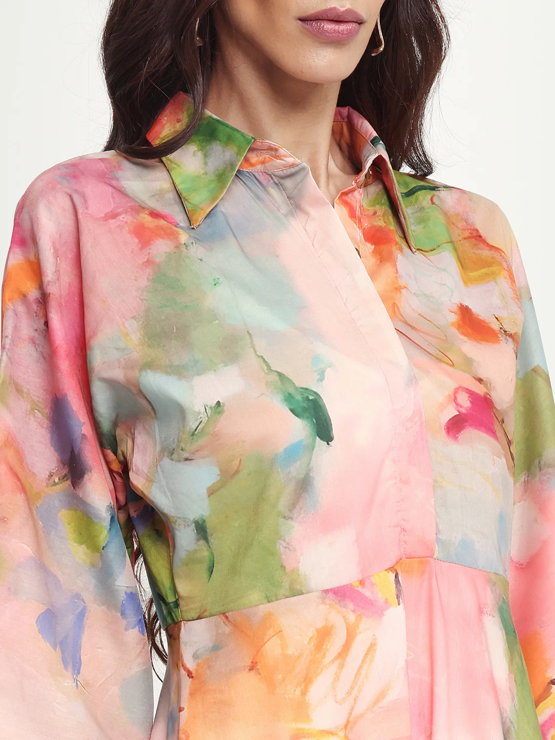 Rareism Women's Rhun Multi Polyester Blend Spread Collar Abstract Print Cuffed Sleeve Midi Fit And Flare Dress - Image 4