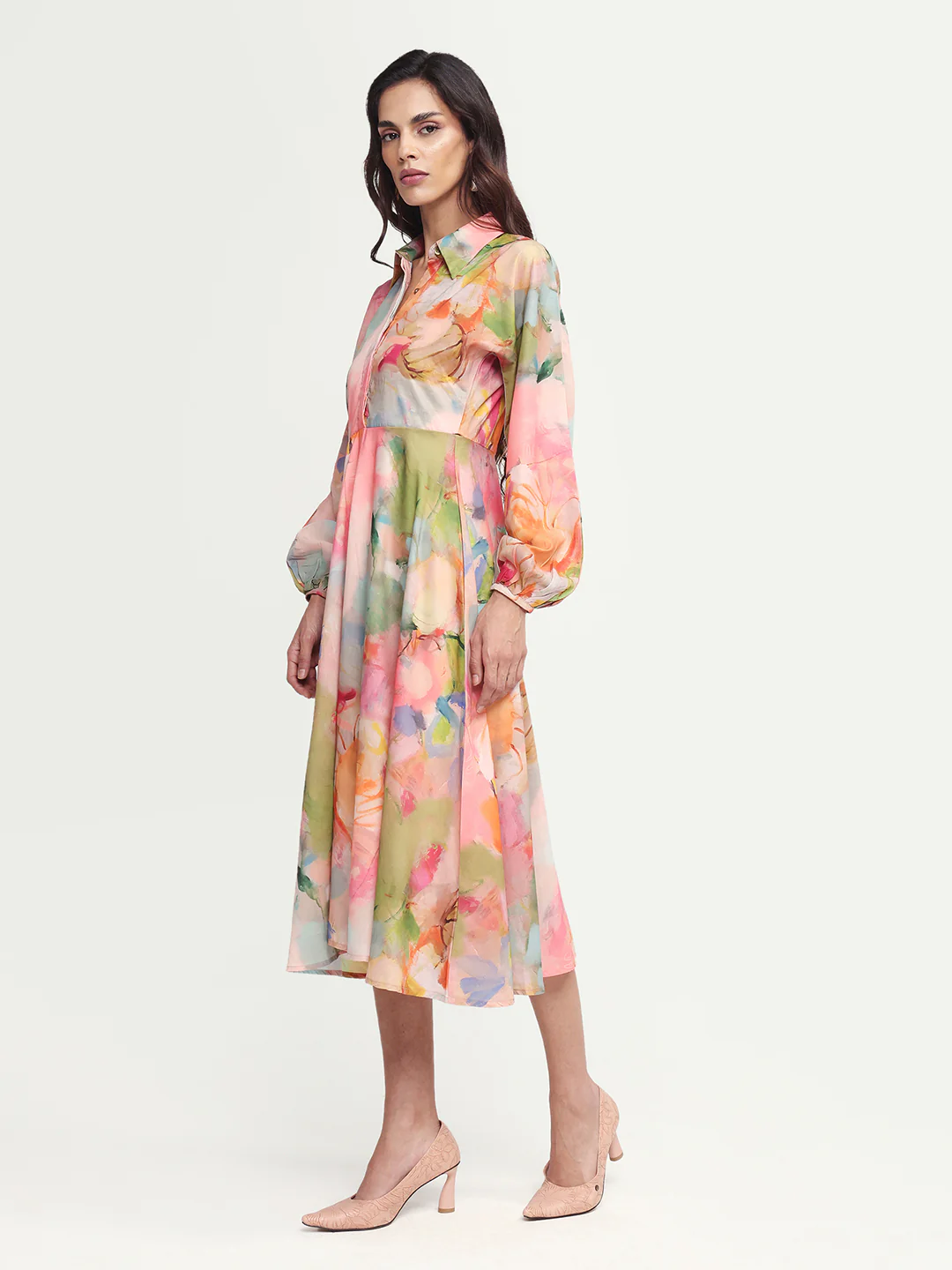 Rareism Women's Rhun Multi Polyester Blend Spread Collar Abstract Print Cuffed Sleeve Midi Fit And Flare Dress - Image 5