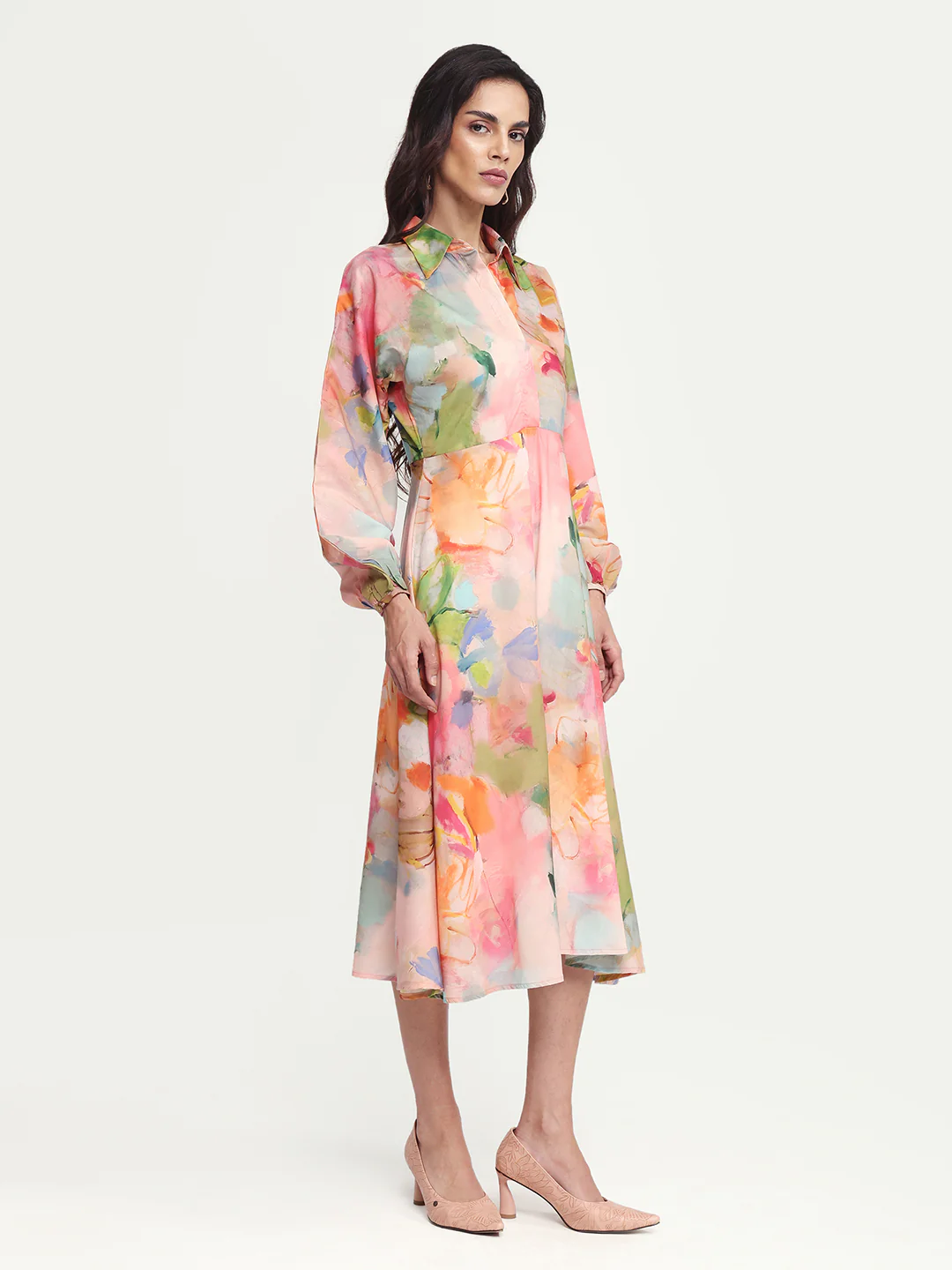 Rareism Women's Rhun Multi Polyester Blend Spread Collar Abstract Print Cuffed Sleeve Midi Fit And Flare Dress - Image 6