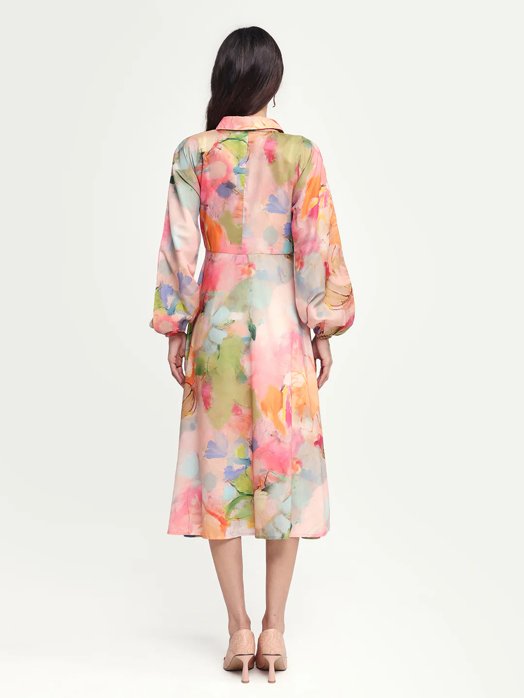 Rareism Women's Rhun Multi Polyester Blend Spread Collar Abstract Print Cuffed Sleeve Midi Fit And Flare Dress - Image 7