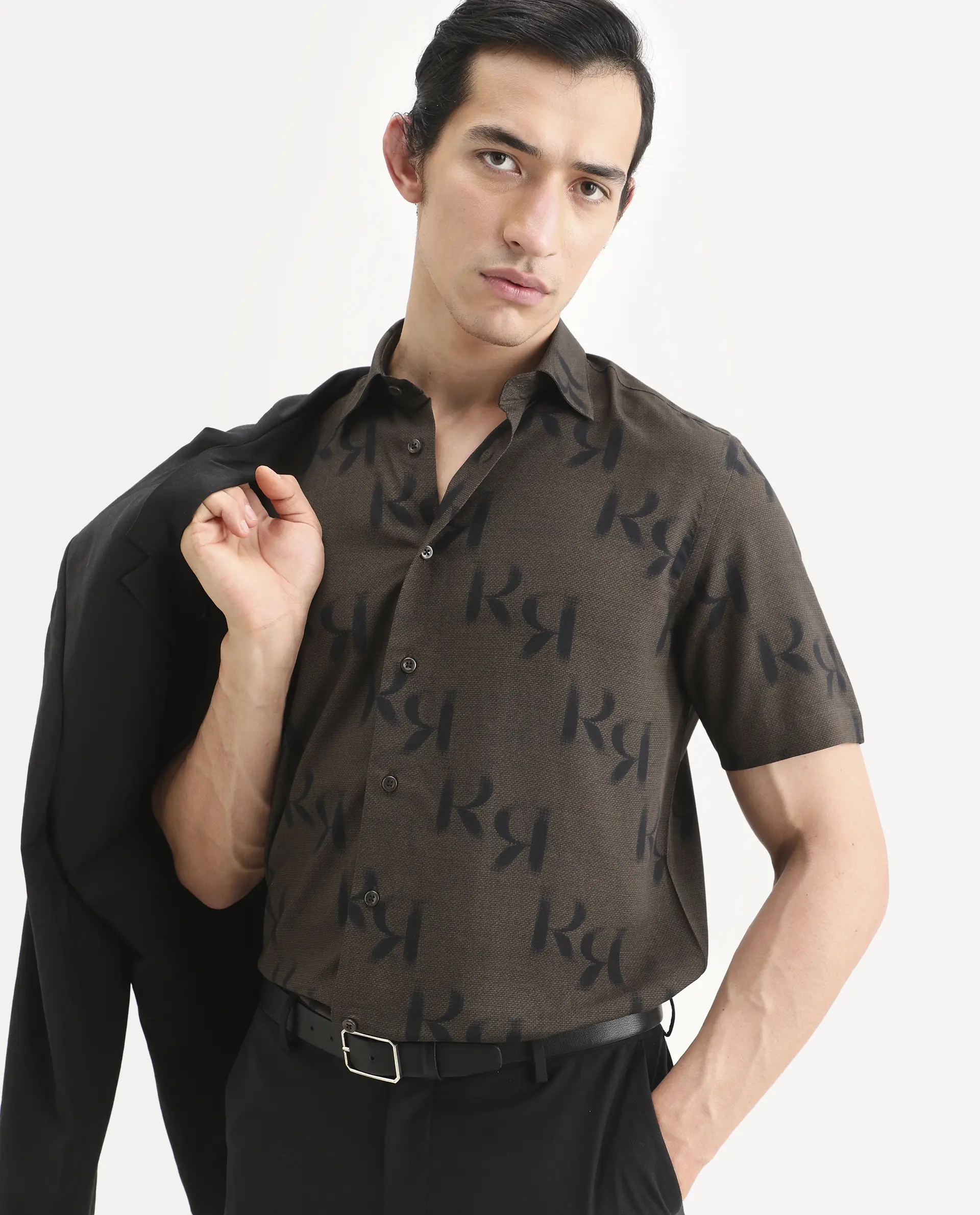 Rare Rabbit Men's Rhys 2 Dusky Brown Viscose Fabric Half Sleeve Regular Fit Monogram Print Shirt