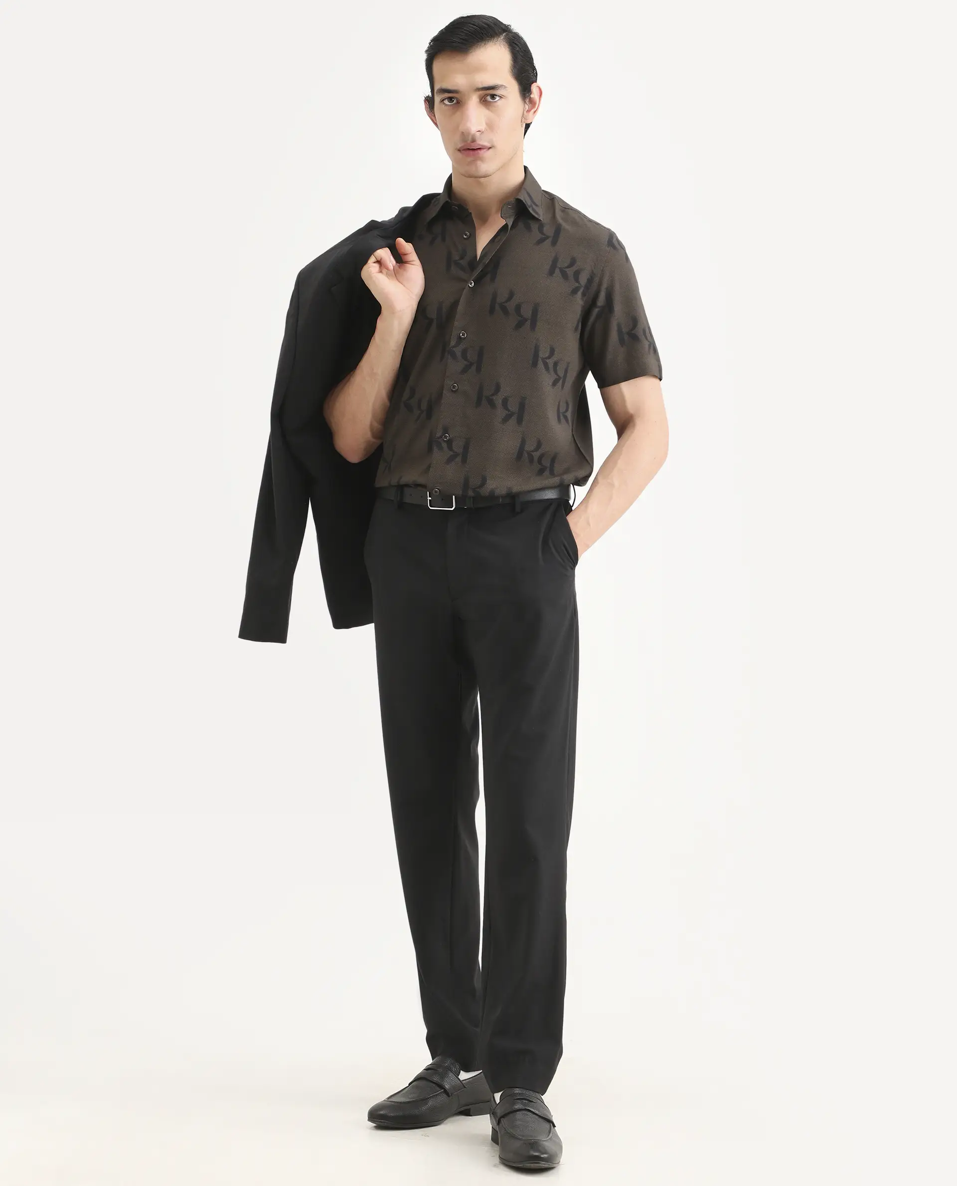 Rare Rabbit Men's Rhys 2 Dusky Brown Viscose Fabric Half Sleeve Regular Fit Monogram Print Shirt - Image 2
