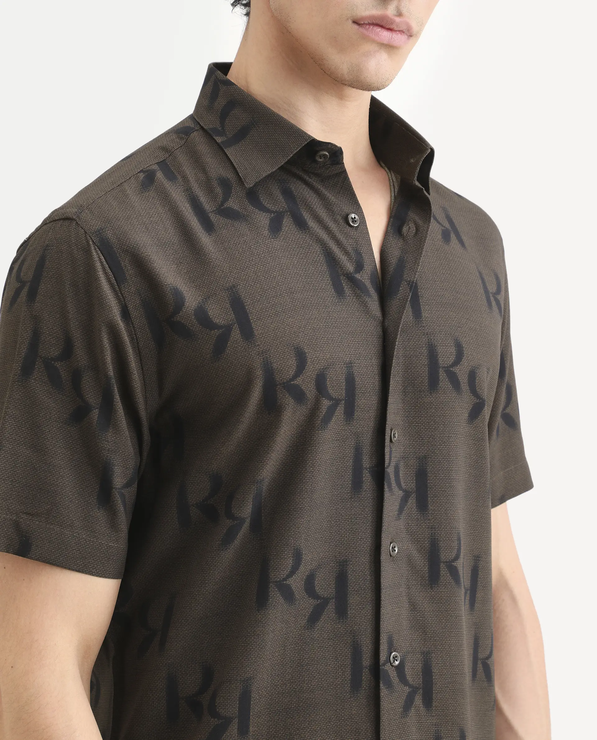 Rare Rabbit Men's Rhys 2 Dusky Brown Viscose Fabric Half Sleeve Regular Fit Monogram Print Shirt - Image 3