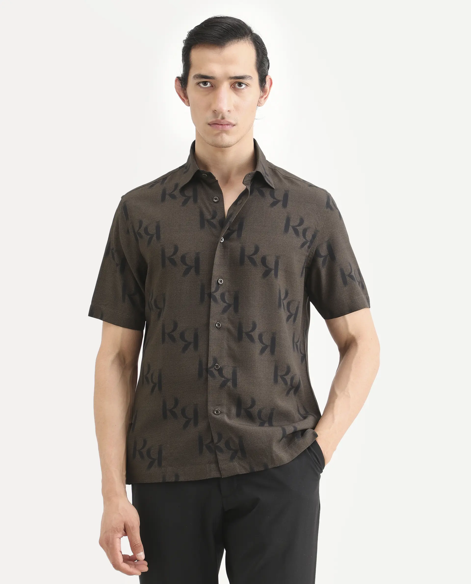 Rare Rabbit Men's Rhys 2 Dusky Brown Viscose Fabric Half Sleeve Regular Fit Monogram Print Shirt - Image 4