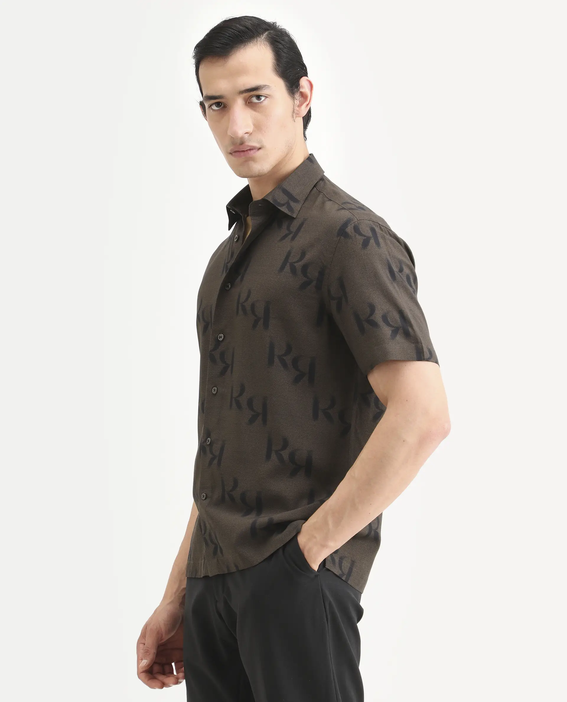 Rare Rabbit Men's Rhys 2 Dusky Brown Viscose Fabric Half Sleeve Regular Fit Monogram Print Shirt - Image 5