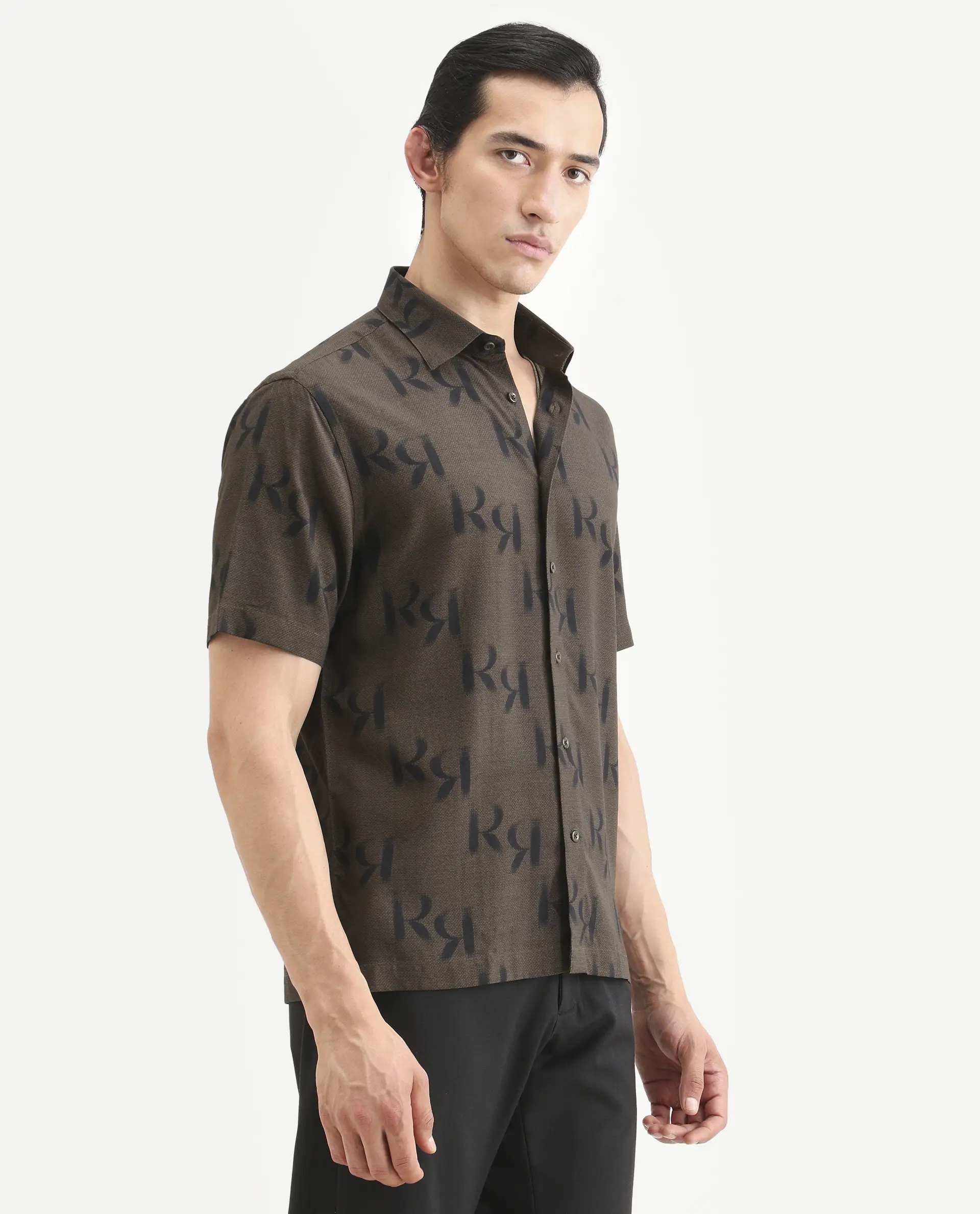 Rare Rabbit Men's Rhys 2 Dusky Brown Viscose Fabric Half Sleeve Regular Fit Monogram Print Shirt - Image 6