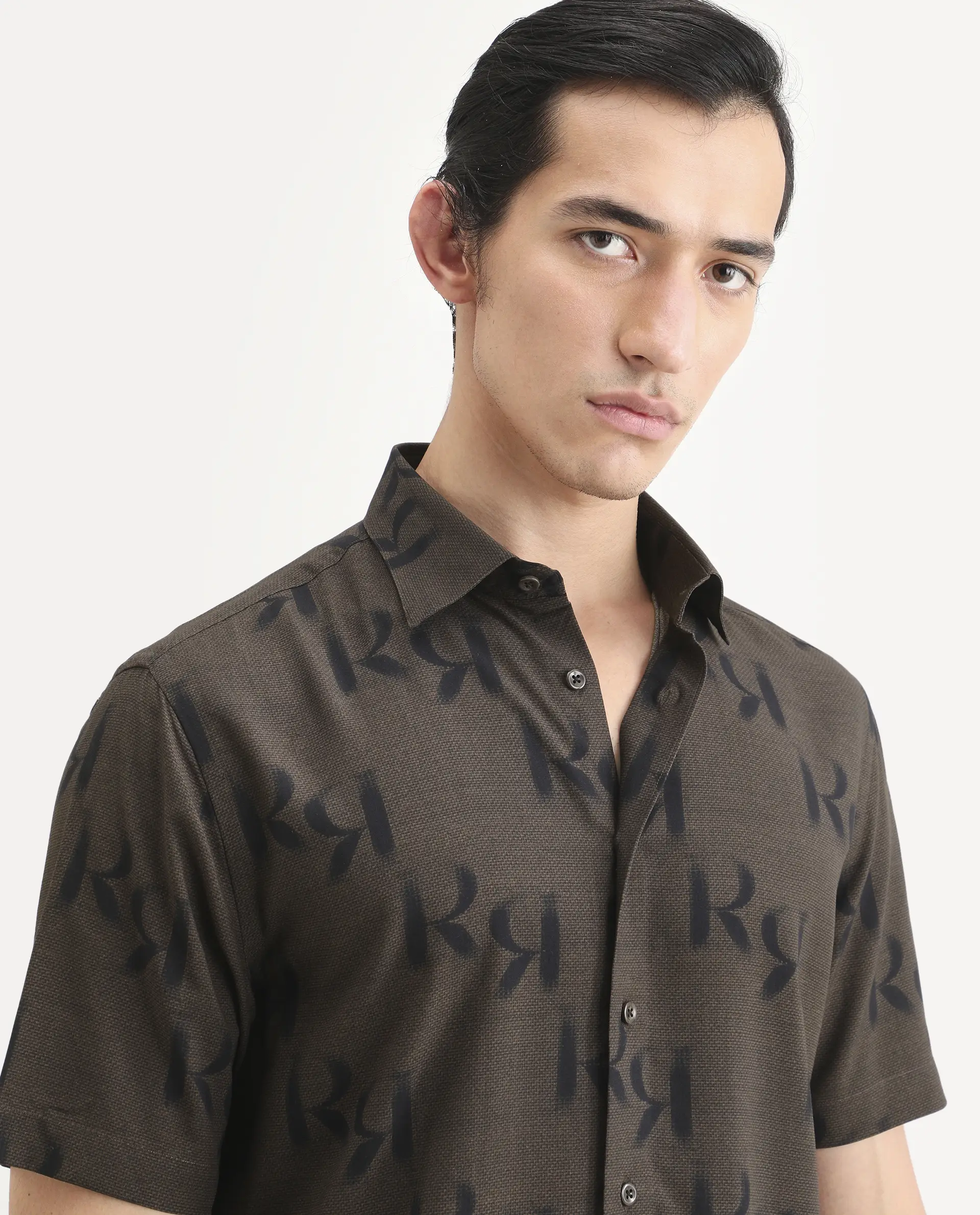 Rare Rabbit Men's Rhys 2 Dusky Brown Viscose Fabric Half Sleeve Regular Fit Monogram Print Shirt - Image 7