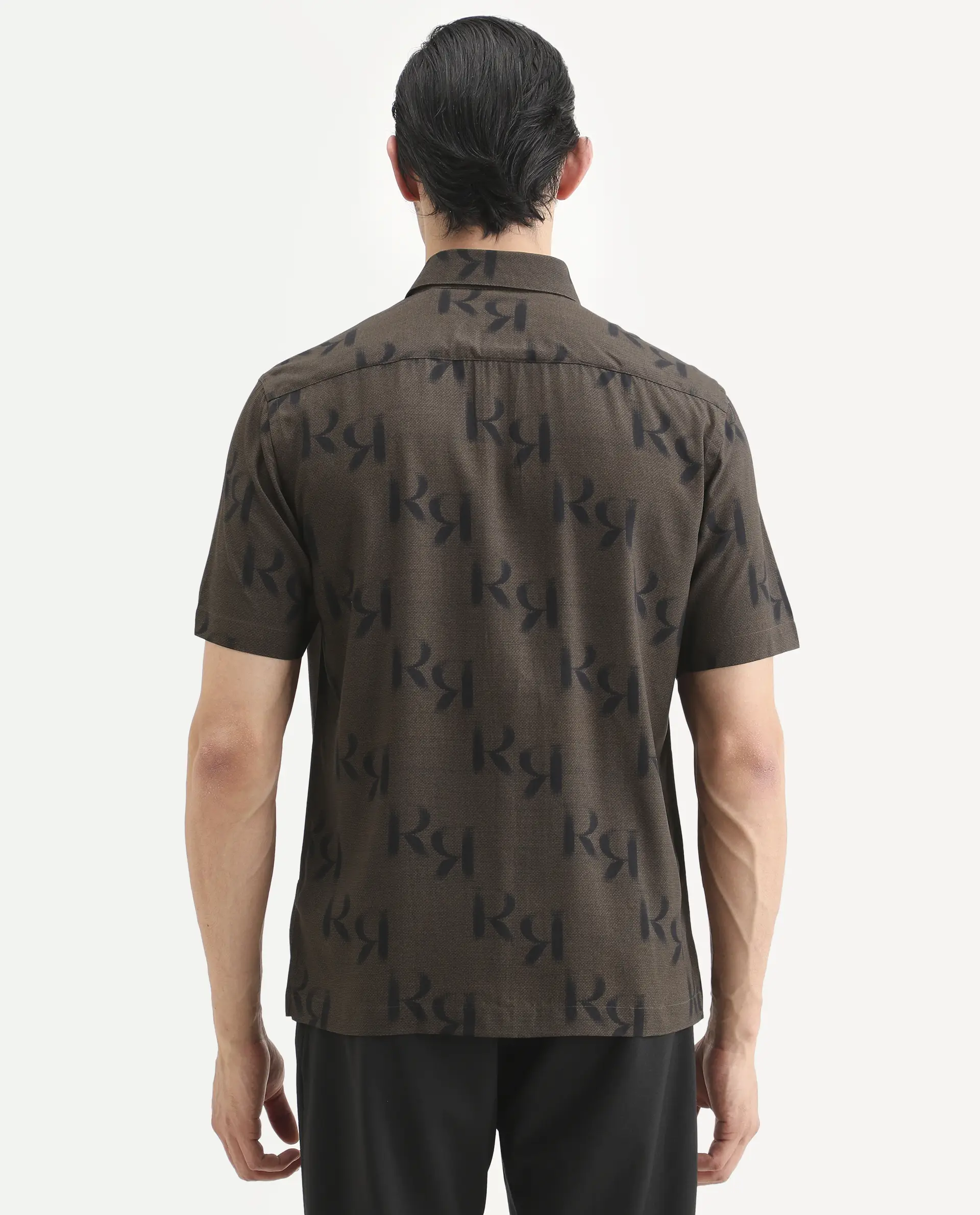 Rare Rabbit Men's Rhys 2 Dusky Brown Viscose Fabric Half Sleeve Regular Fit Monogram Print Shirt - Image 8
