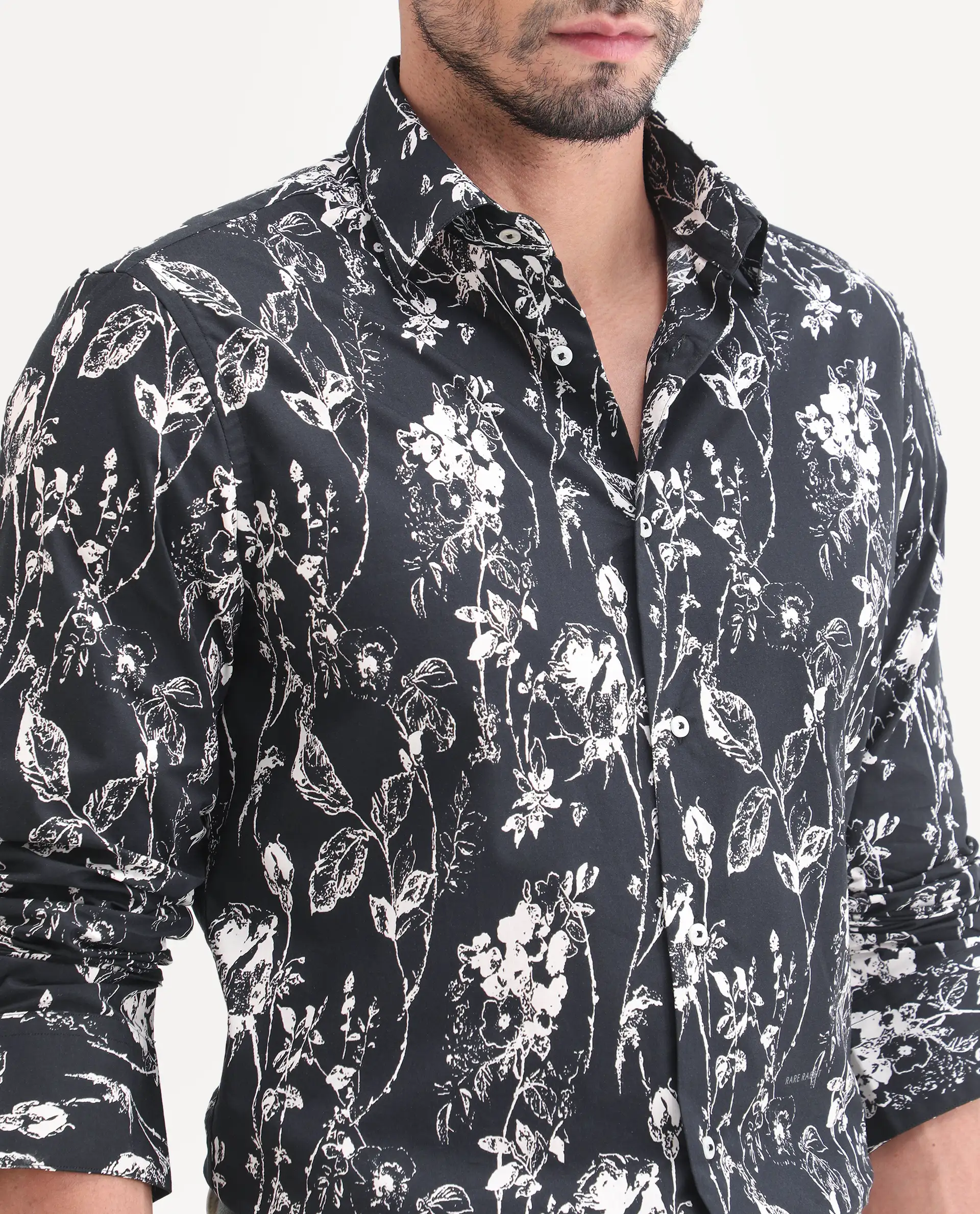 Rare Rabbit Men's Riaz Black Cotton Fabric Full Sleeve Spread Collar Regular Floral Print Shirt - Image 3