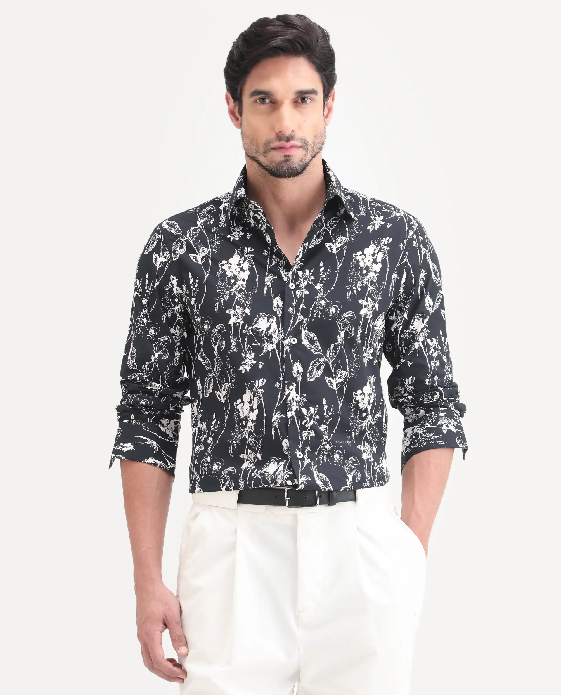 Rare Rabbit Men's Riaz Black Cotton Fabric Full Sleeve Spread Collar Regular Floral Print Shirt - Image 4