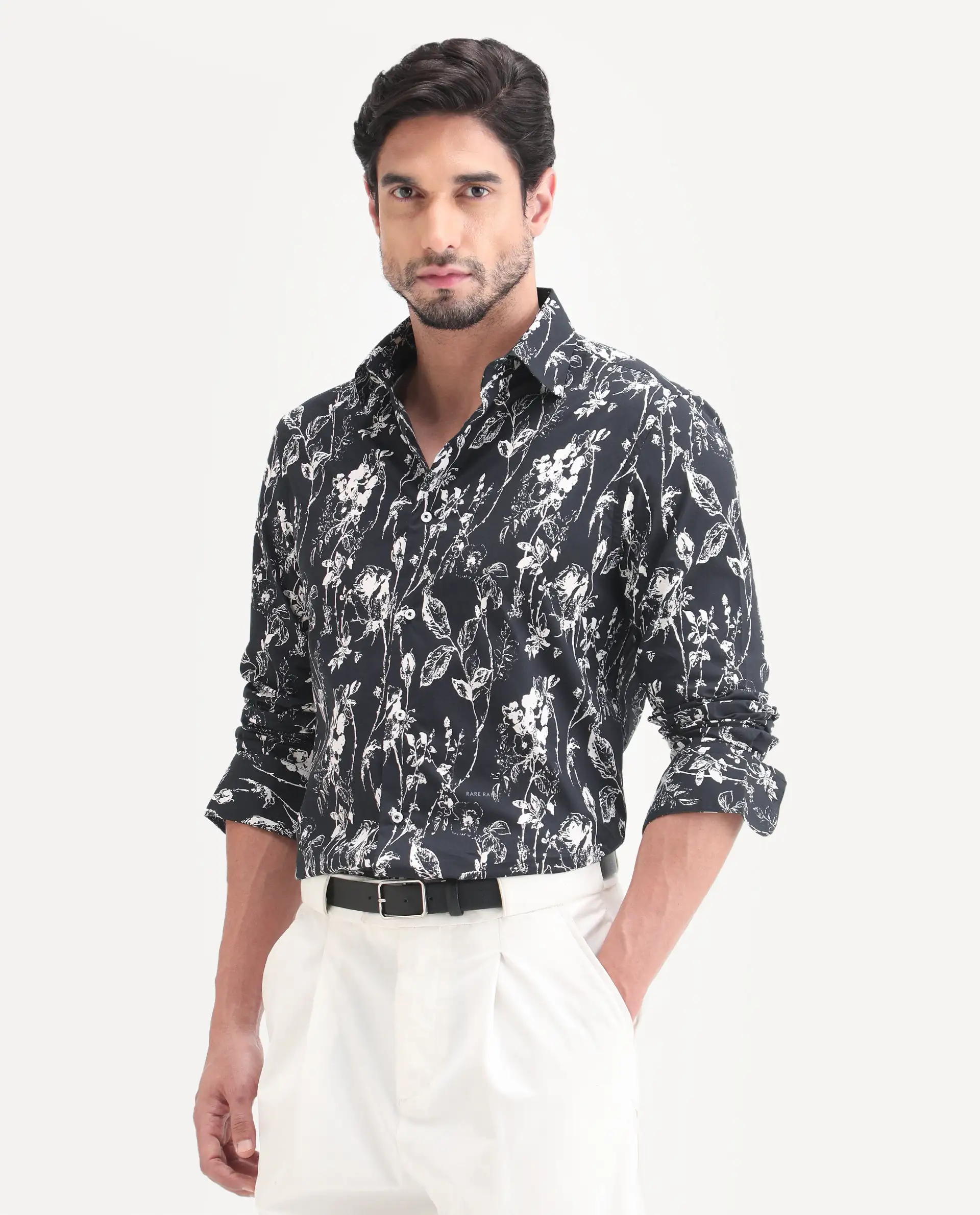 Rare Rabbit Men's Riaz Black Cotton Fabric Full Sleeve Spread Collar Regular Floral Print Shirt - Image 5