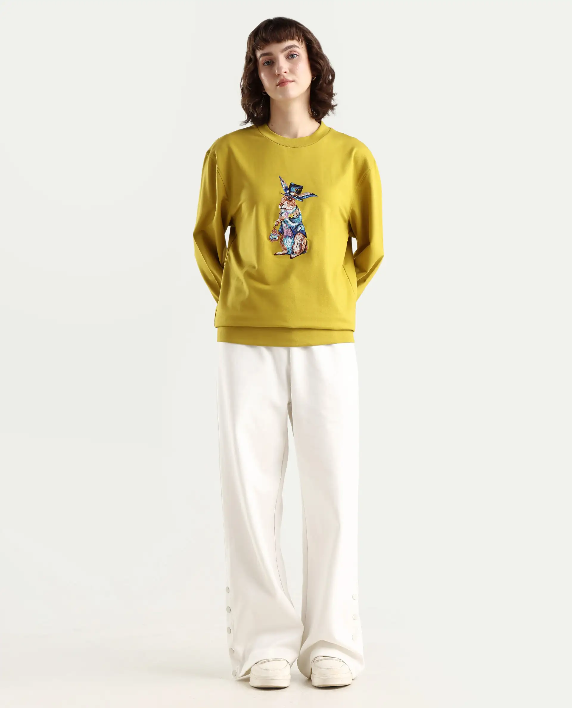 Rareism Women's Rib-1 Green Cotton Blend Crew Neck Plain Regular Fit Sweatshirt - Image 2