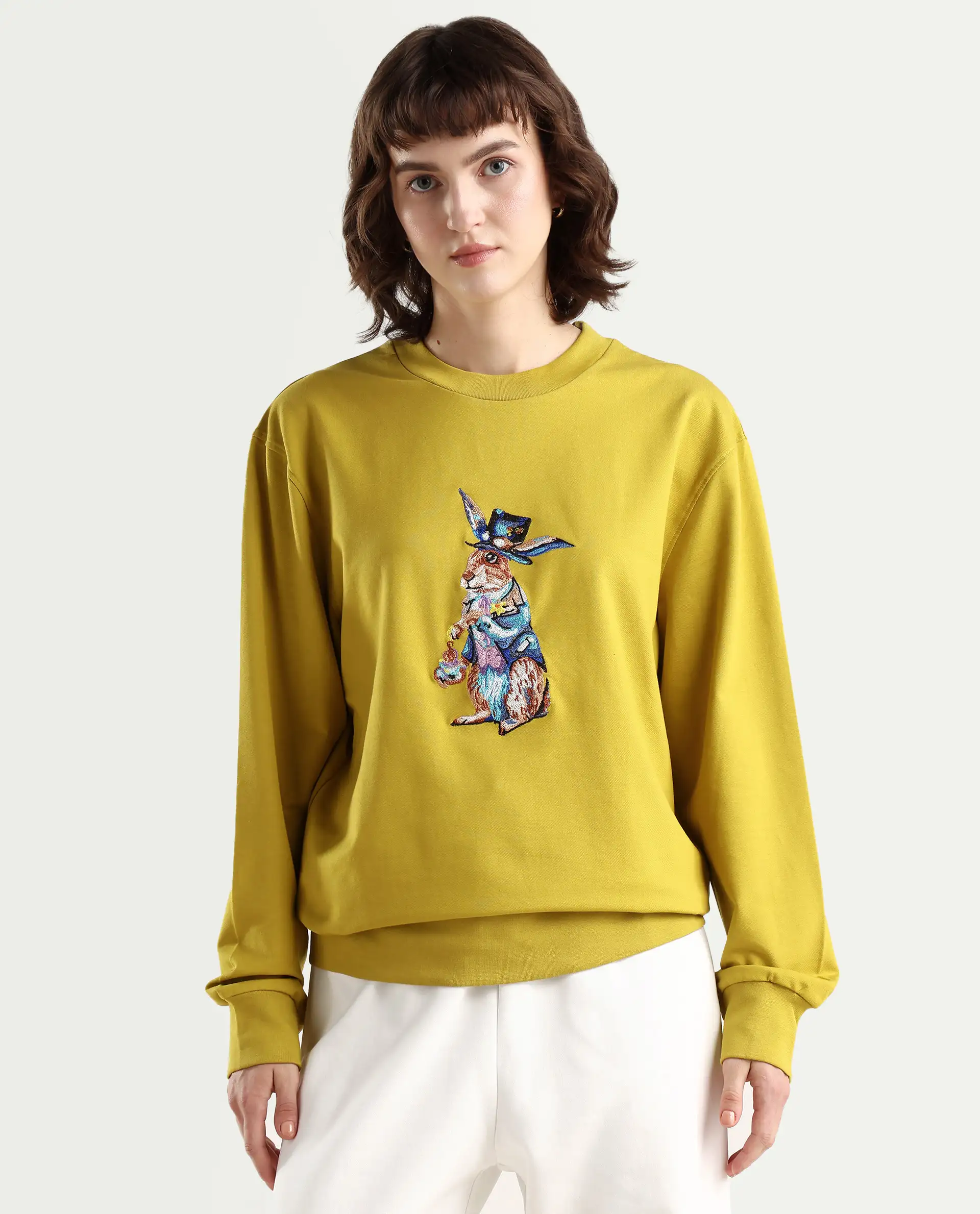 Rareism Women's Rib-1 Green Cotton Blend Crew Neck Plain Regular Fit Sweatshirt - Image 3
