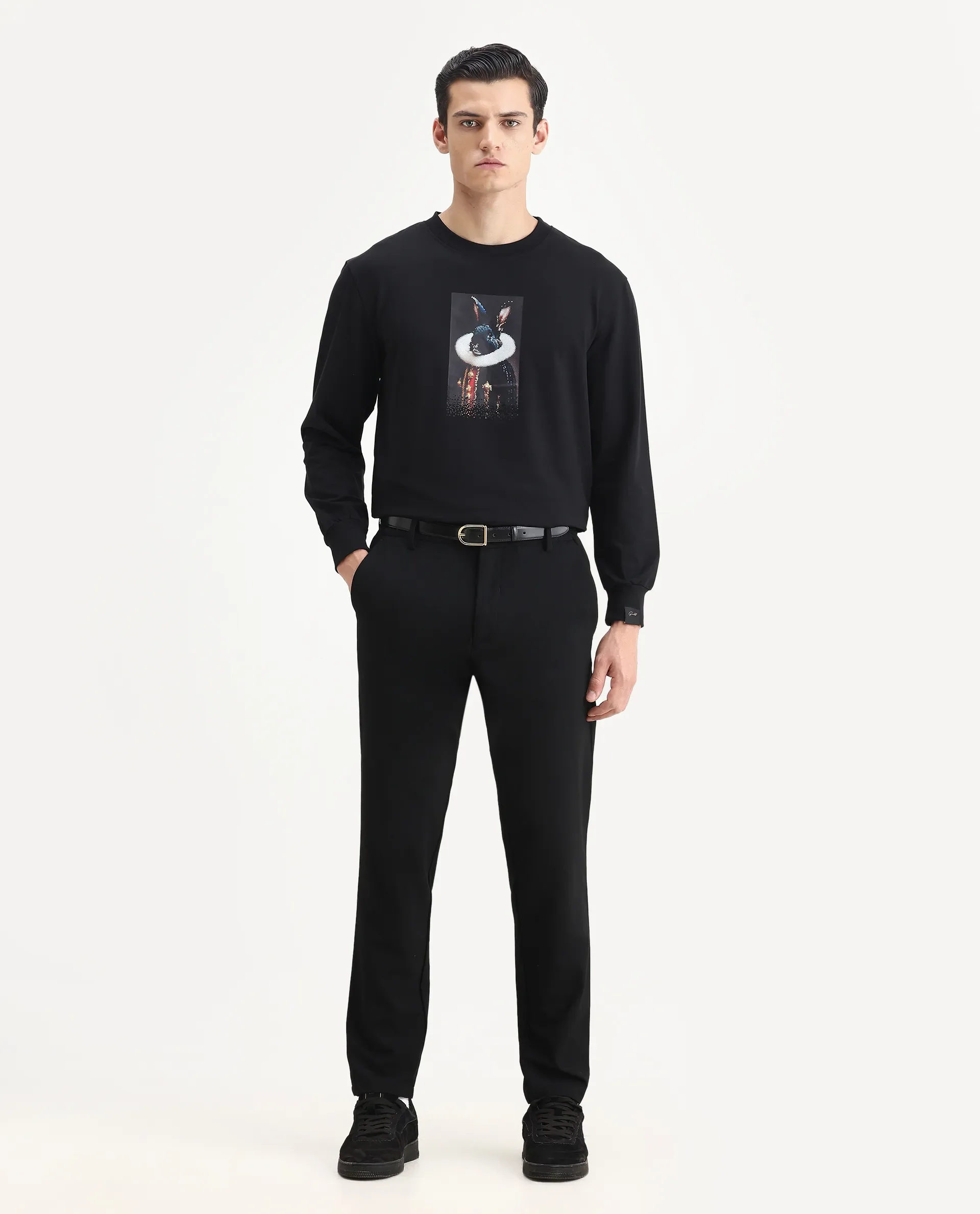 Rare Rabbit Men's Rib Black Cotton Plain Regular Fit Full Sleeve Crew Neck Sweatshirt - Image 2