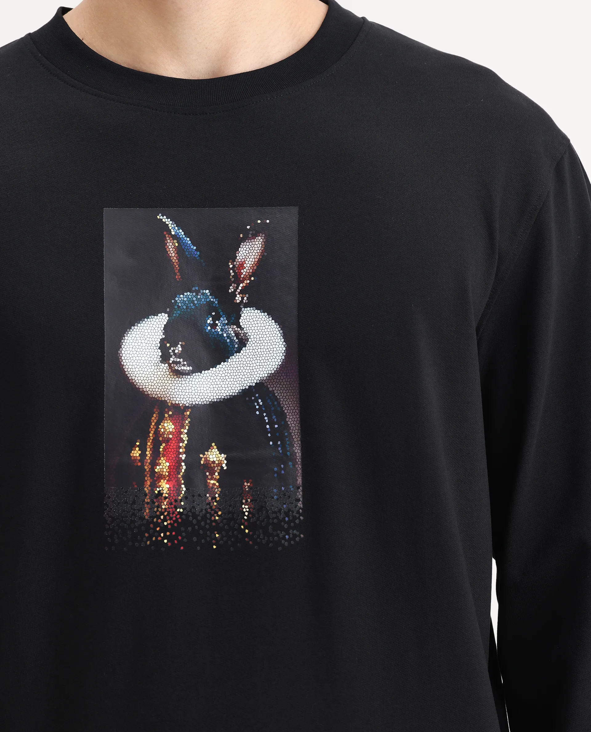 Rare Rabbit Men's Rib Black Cotton Plain Regular Fit Full Sleeve Crew Neck Sweatshirt - Image 3