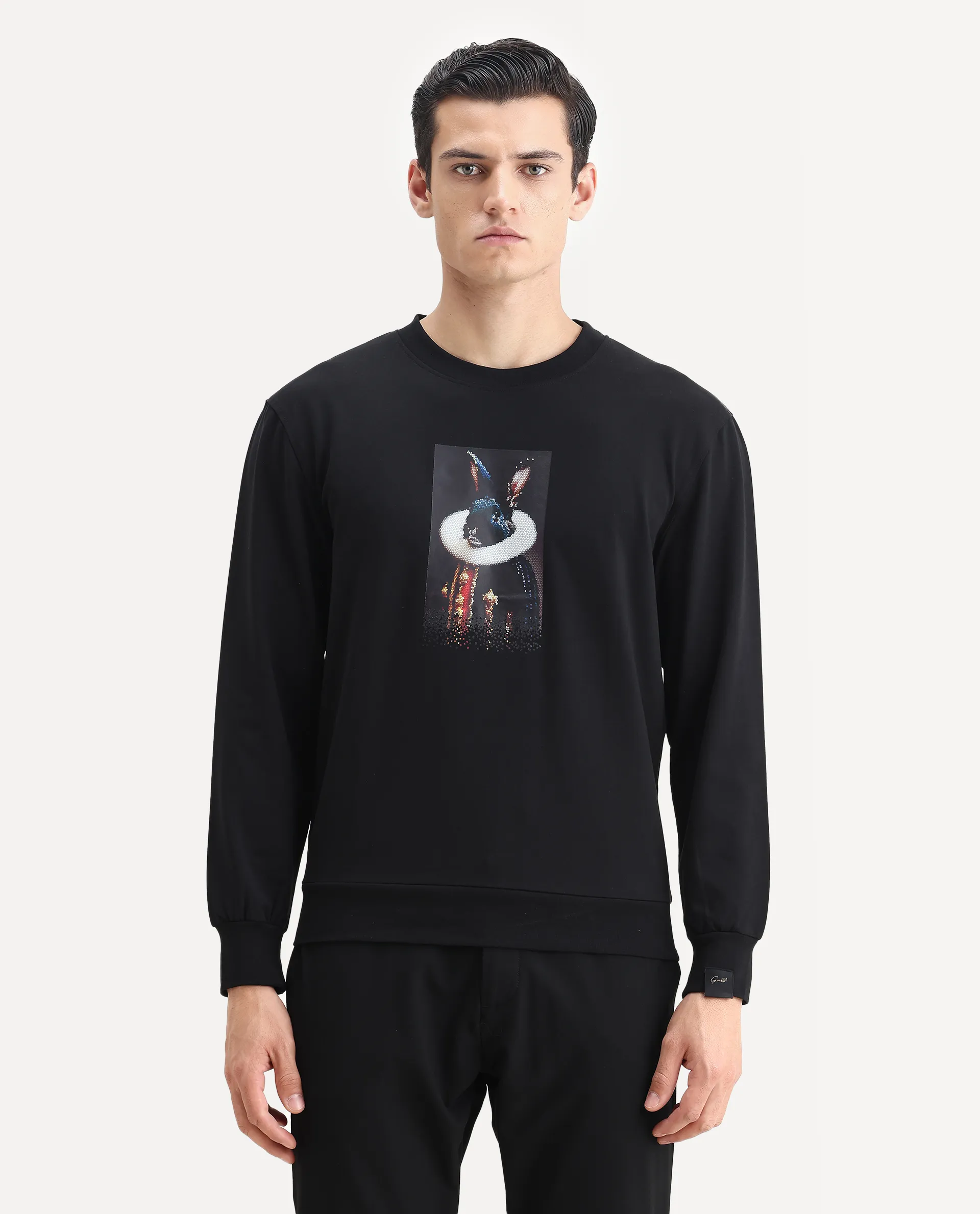 Rare Rabbit Men's Rib Black Cotton Plain Regular Fit Full Sleeve Crew Neck Sweatshirt - Image 4