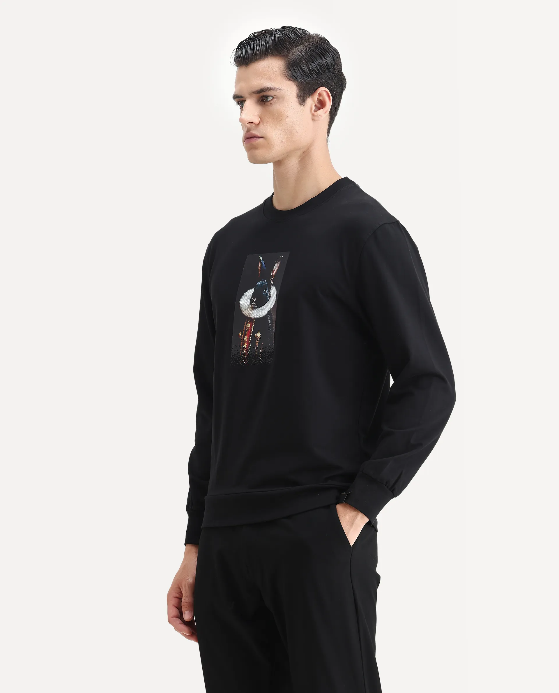 Rare Rabbit Men's Rib Black Cotton Plain Regular Fit Full Sleeve Crew Neck Sweatshirt - Image 5