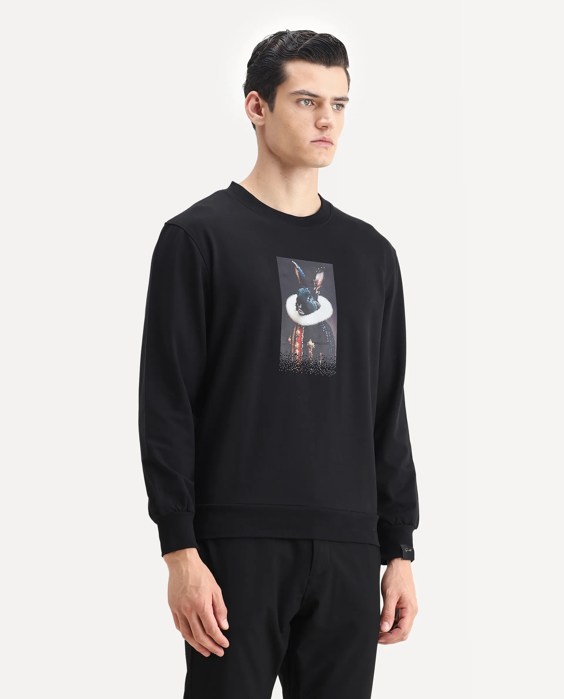 Rare Rabbit Men's Rib Black Cotton Plain Regular Fit Full Sleeve Crew Neck Sweatshirt - Image 6
