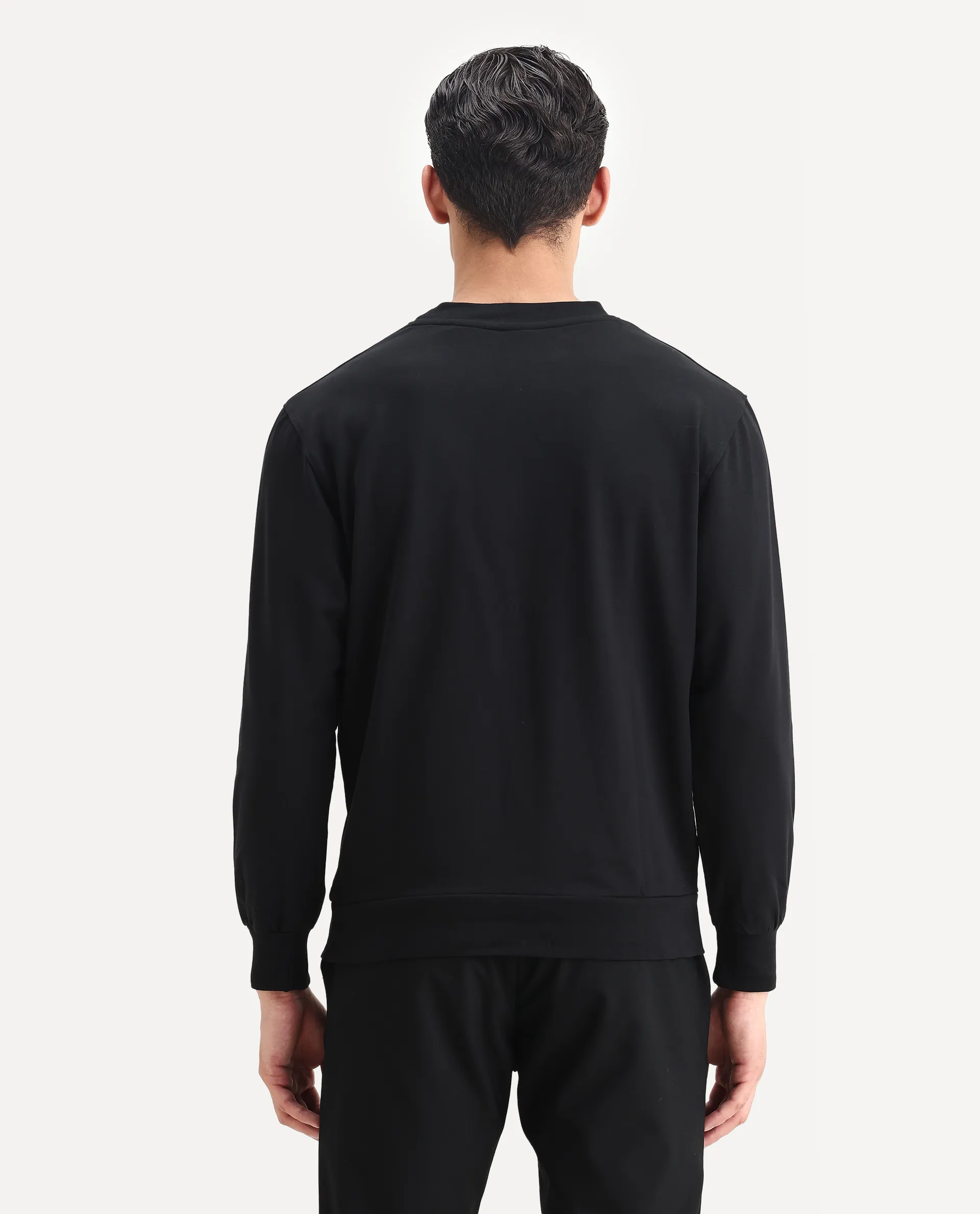 Rare Rabbit Men's Rib Black Cotton Plain Regular Fit Full Sleeve Crew Neck Sweatshirt - Image 7