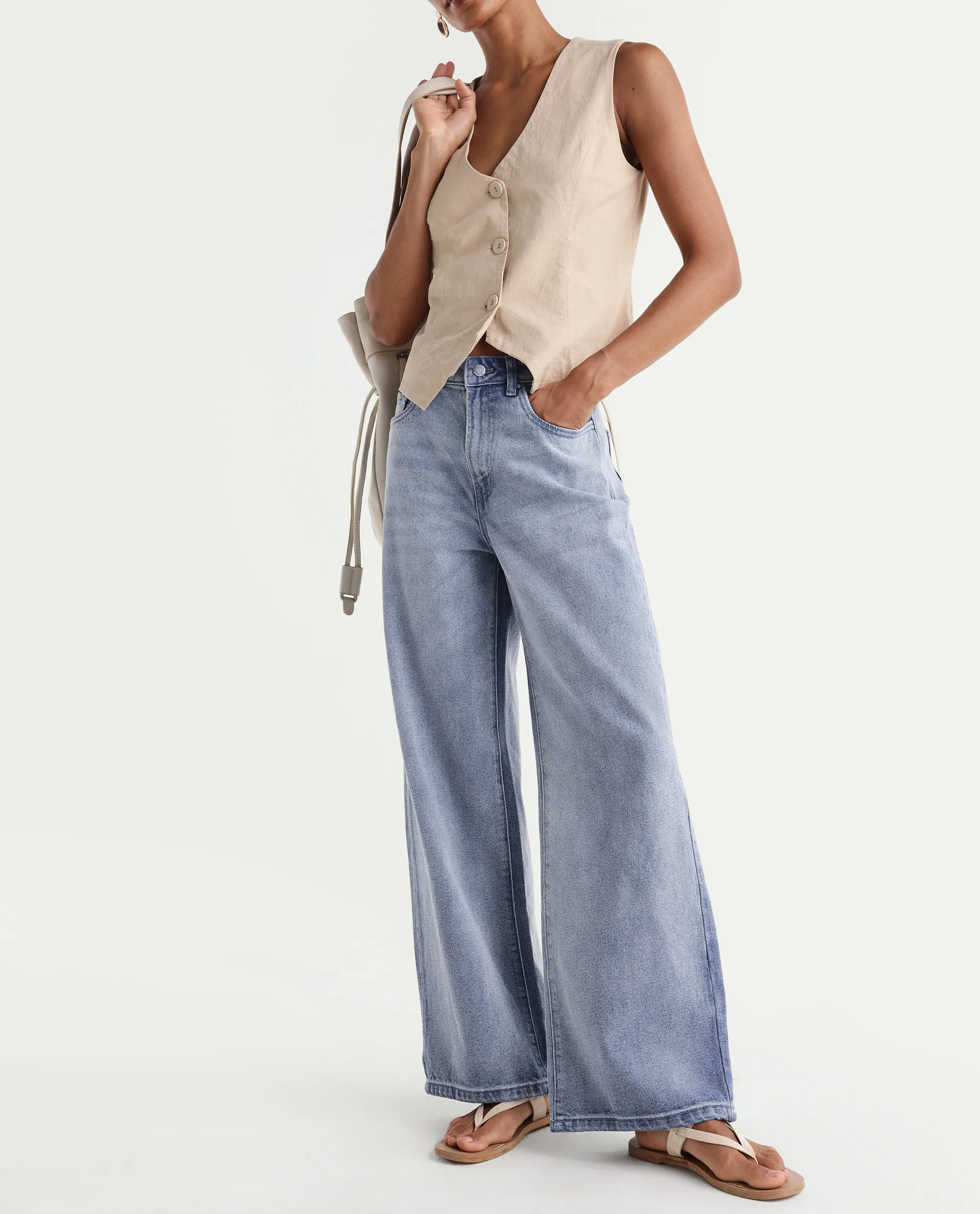 Rareism Women's Ribane Light Blue Cotton Wide Leg Plain Jeans - Image 2