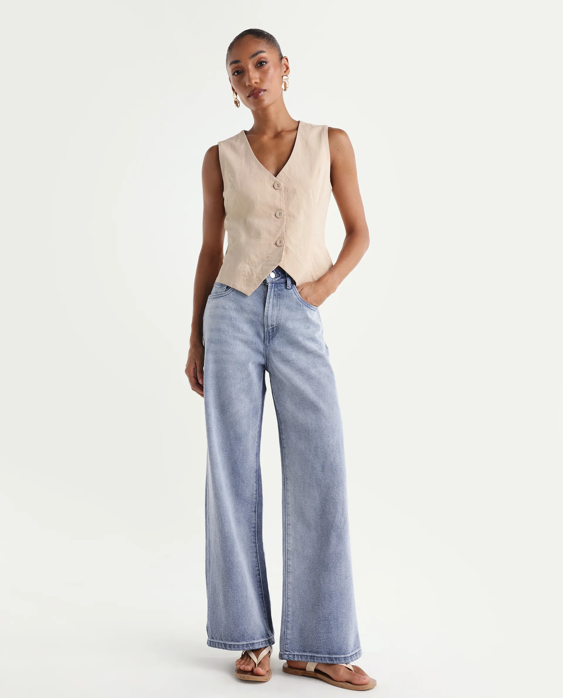 Rareism Women's Ribane Light Blue Cotton Wide Leg Plain Jeans - Image 3